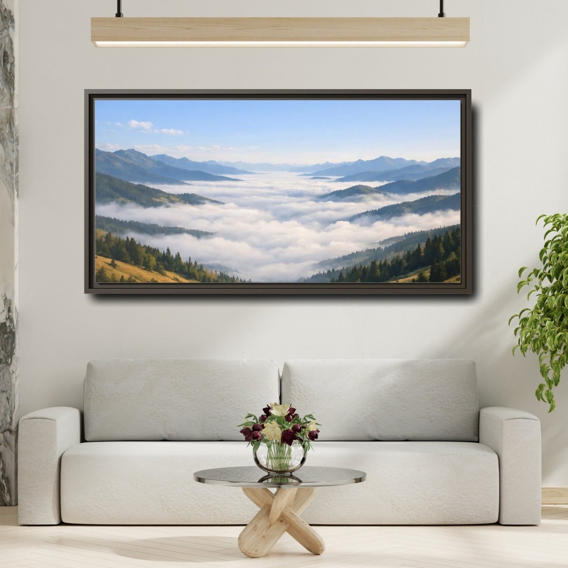 Landscape Nature Mountain Valley Blue And - Framed Canvas Wall Art Print - YesArtYes