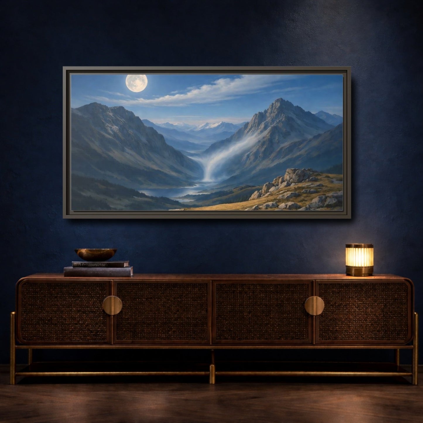 Landscape Nature Mountain Valley Blue - Framed Canvas Wall Art Print - YesArtYes