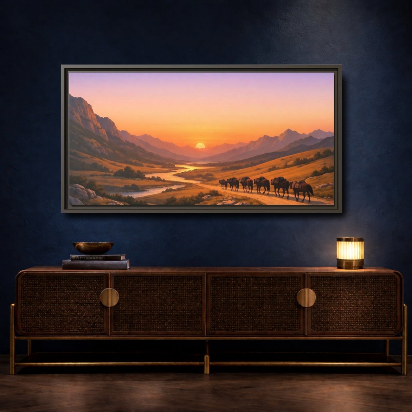 Landscape Nature Mountain Valley Golden Sunset - Framed Canvas Wall Art Print - YesArtYes
