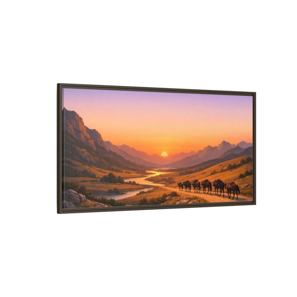Landscape Nature Mountain Valley Golden Sunset - Framed Canvas Wall Art Print - YesArtYes
