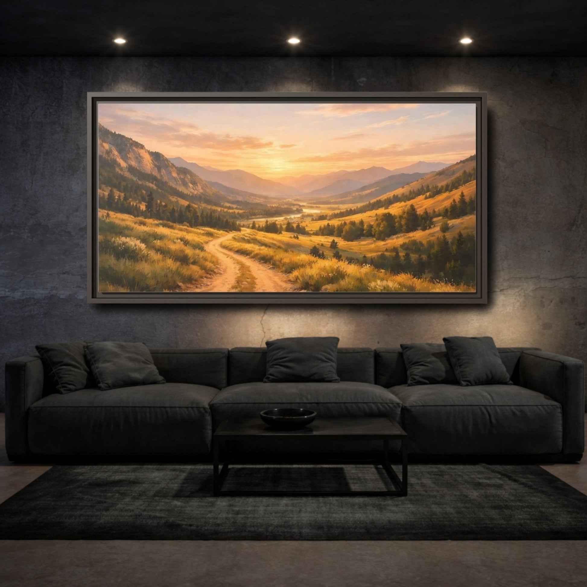 Landscape Nature Mountain Valley Golden Sunset - Framed Canvas Wall Art Print - YesArtYes