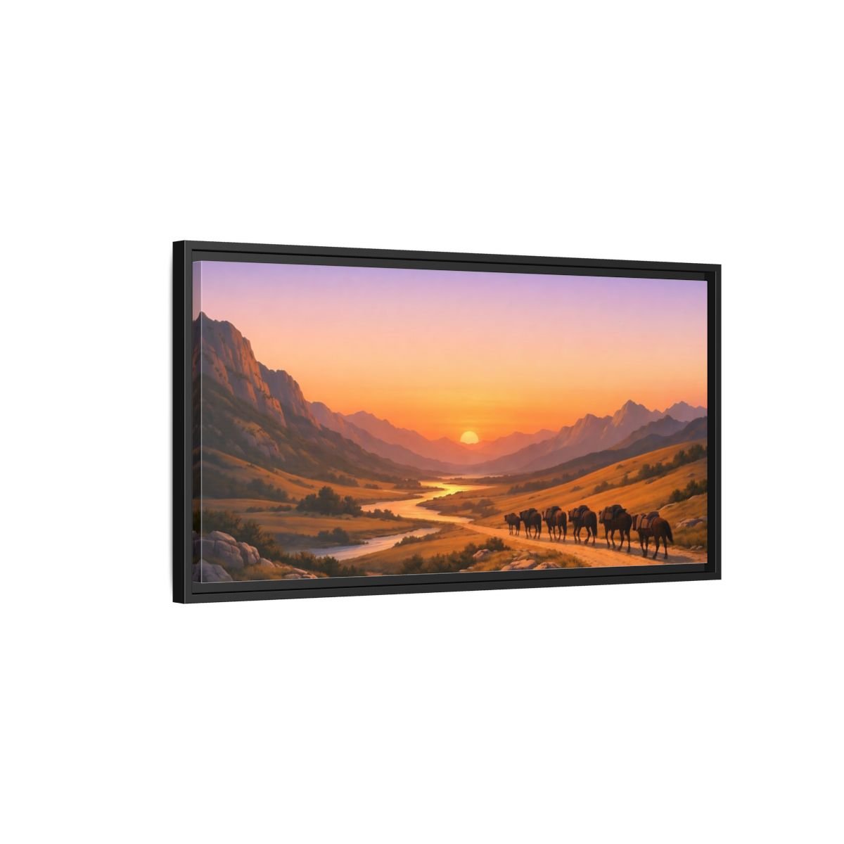 Landscape Nature Mountain Valley Golden Sunset - Framed Canvas Wall Art Print - YesArtYes