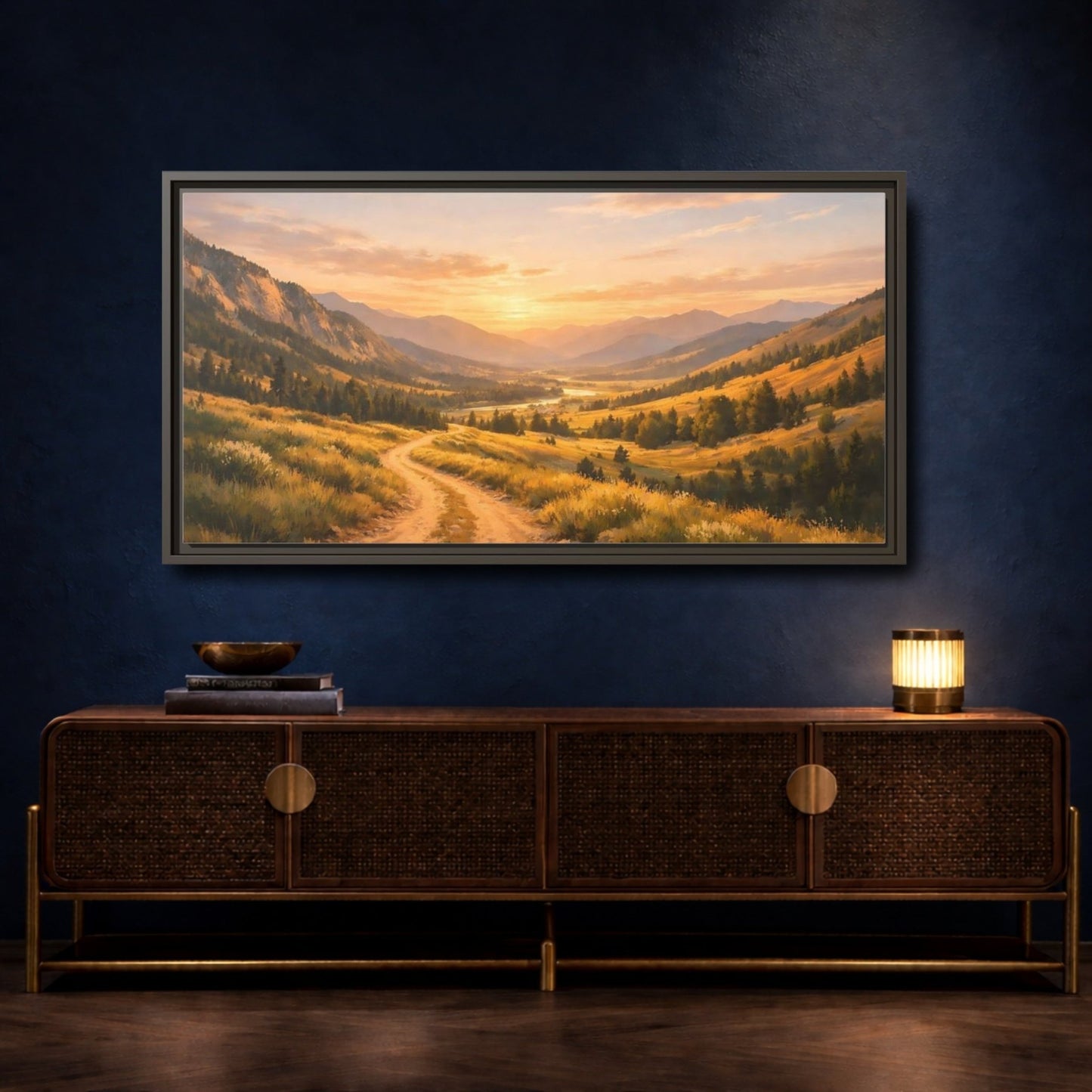 Landscape Nature Mountain Valley Golden Sunset - Framed Canvas Wall Art Print - YesArtYes
