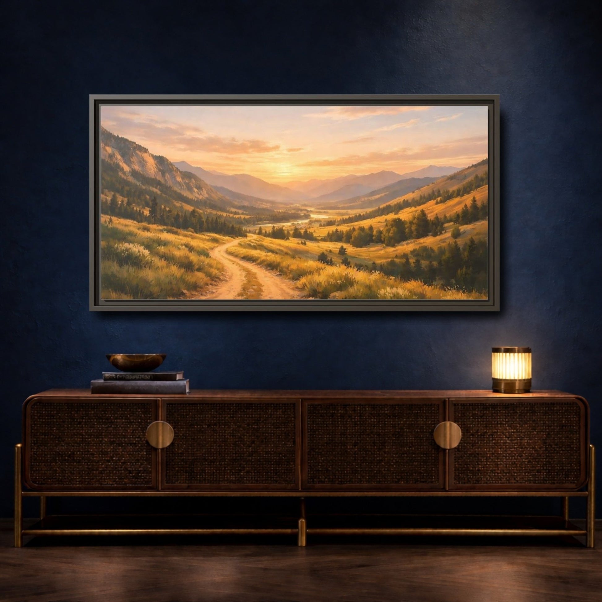 Landscape Nature Mountain Valley Golden Sunset - Framed Canvas Wall Art Print - YesArtYes