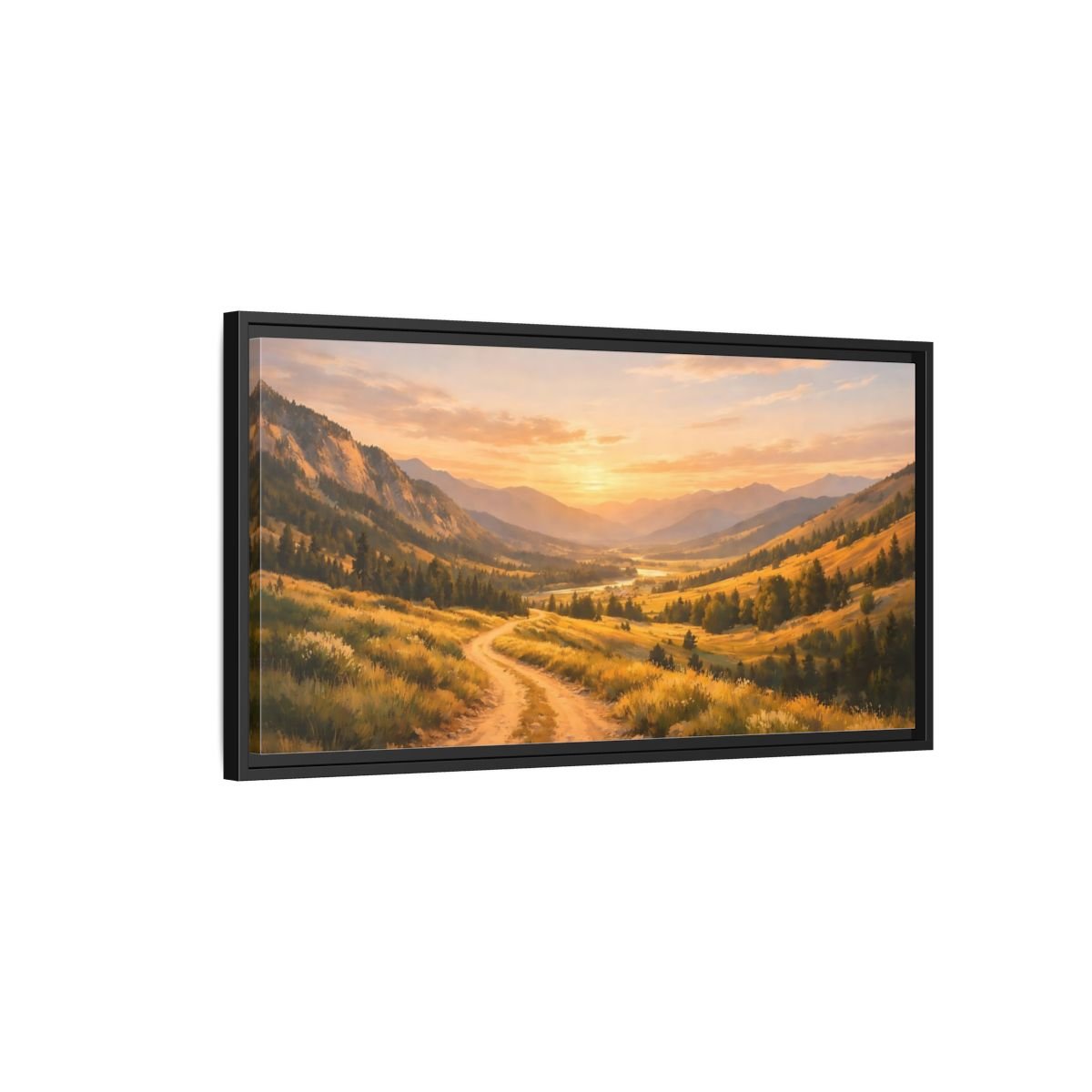 Landscape Nature Mountain Valley Golden Sunset - Framed Canvas Wall Art Print - YesArtYes