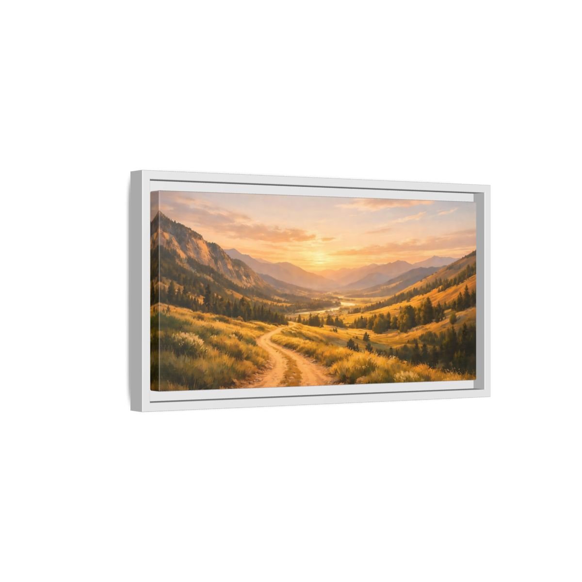 Landscape Nature Mountain Valley Golden Sunset - Framed Canvas Wall Art Print - YesArtYes