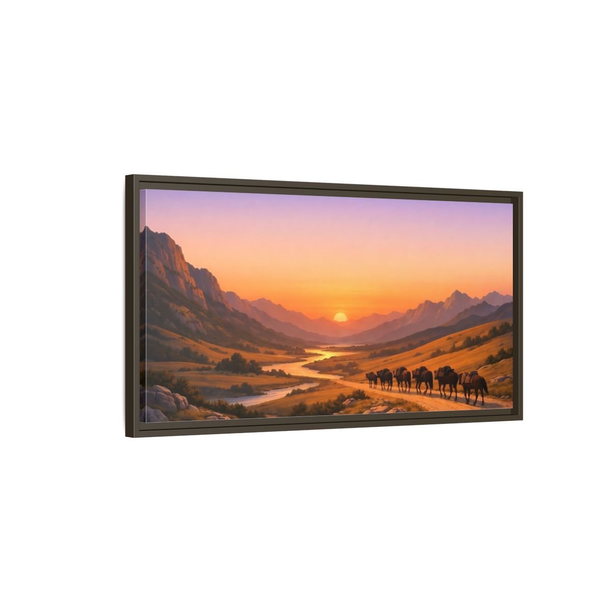 Landscape Nature Mountain Valley Golden Sunset - Framed Canvas Wall Art Print - YesArtYes