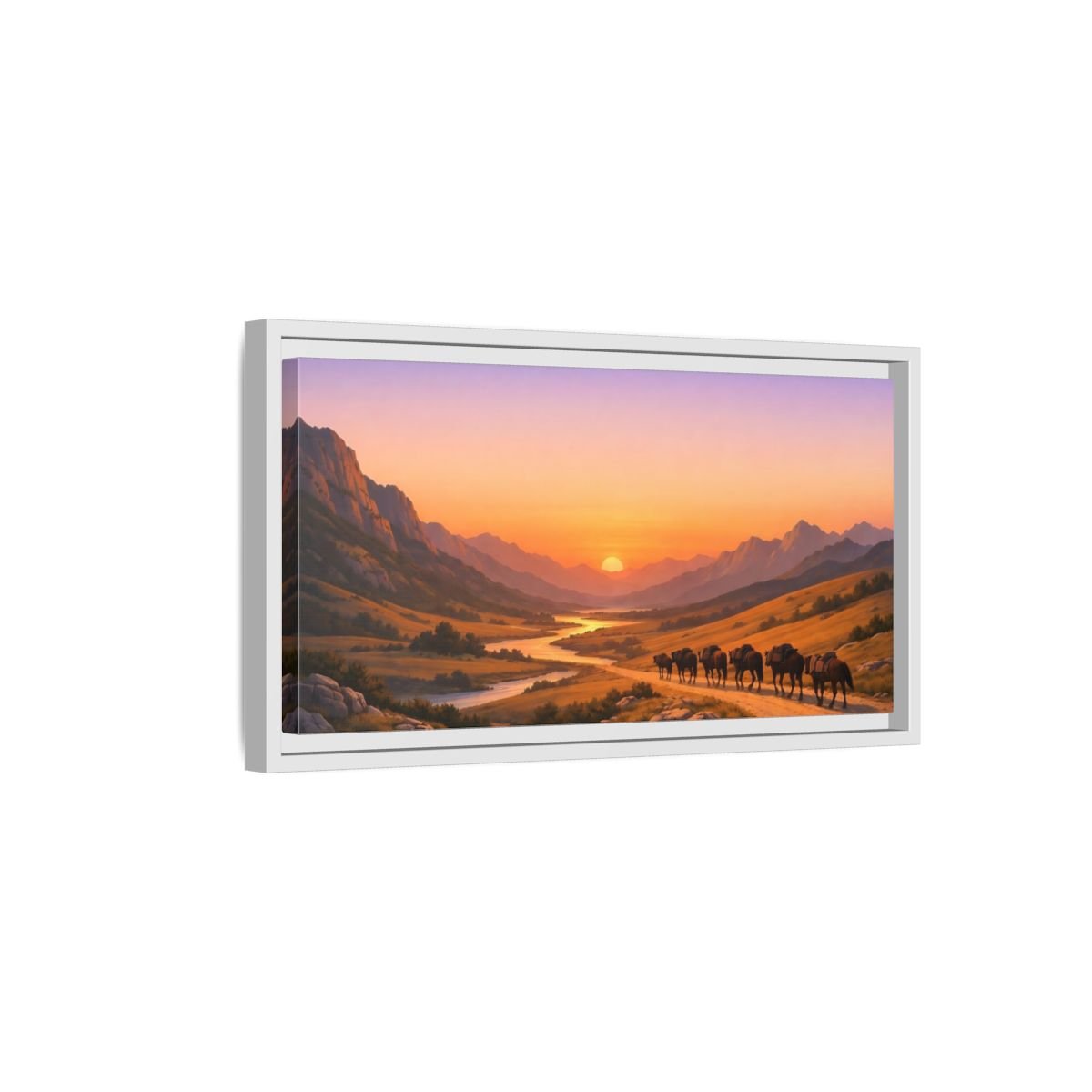 Landscape Nature Mountain Valley Golden Sunset - Framed Canvas Wall Art Print - YesArtYes