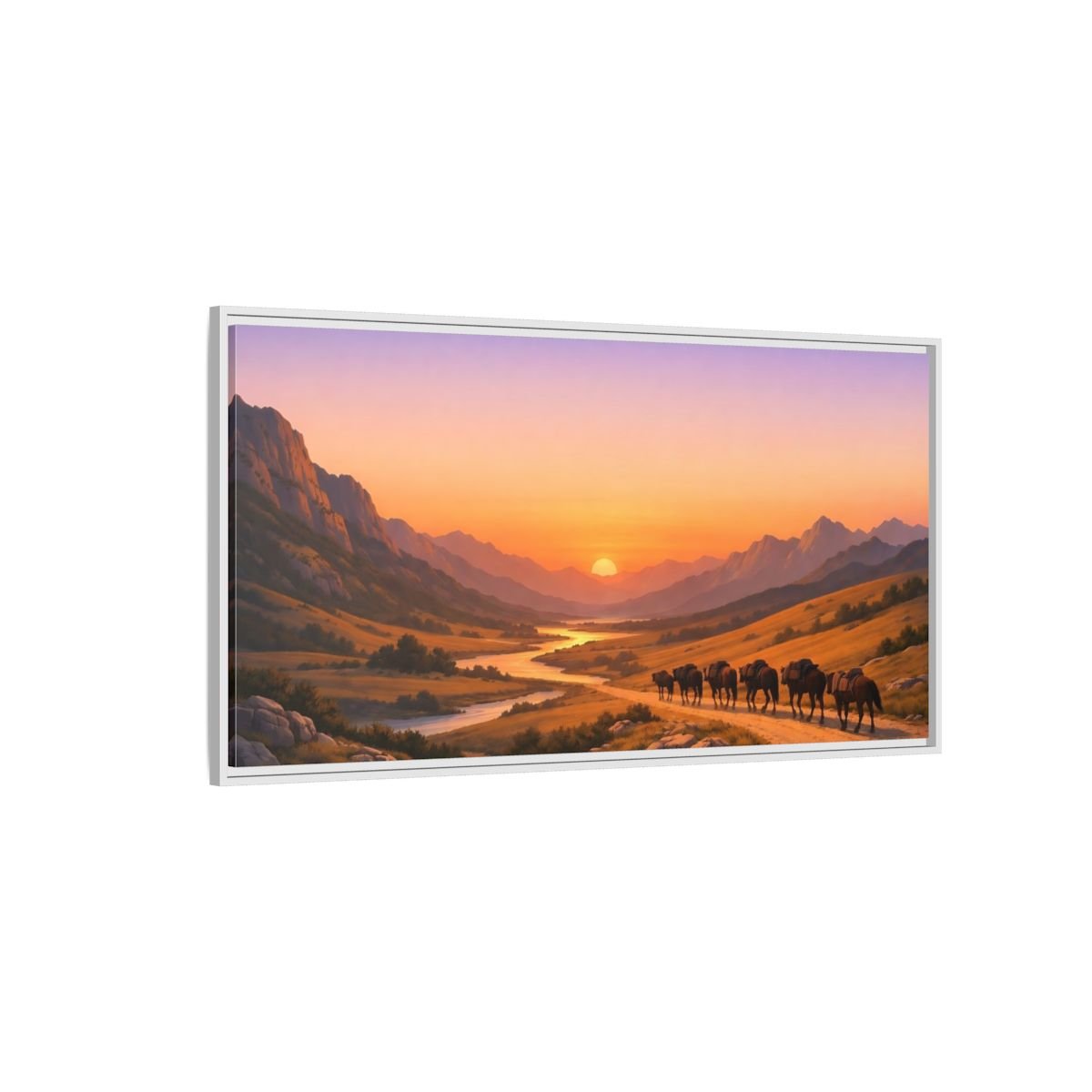 Landscape Nature Mountain Valley Golden Sunset - Framed Canvas Wall Art Print - YesArtYes
