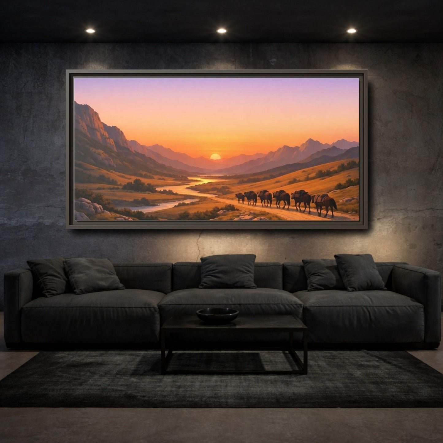 Landscape Nature Mountain Valley Golden Sunset - Framed Canvas Wall Art Print - YesArtYes