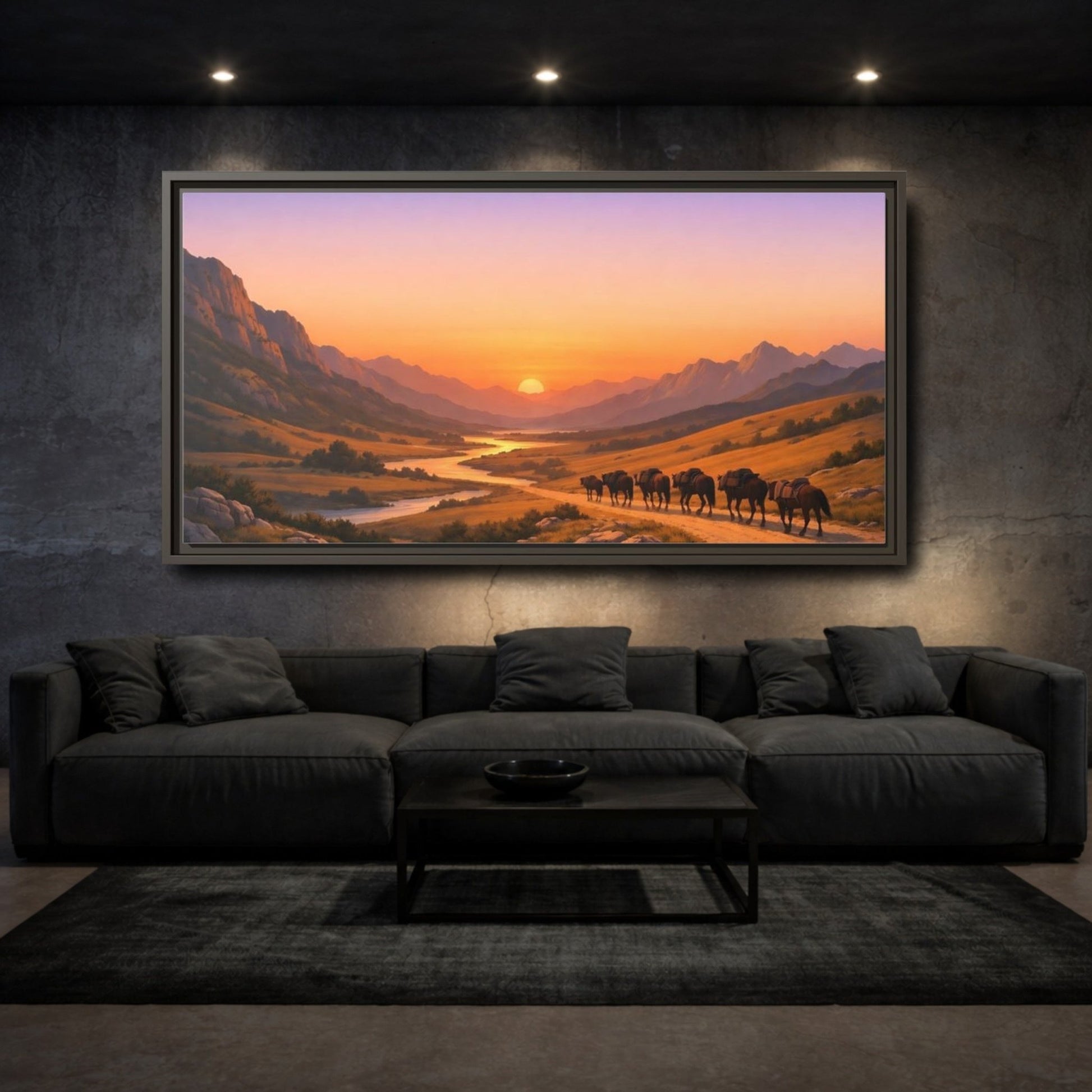 Landscape Nature Mountain Valley Golden Sunset - Framed Canvas Wall Art Print - YesArtYes