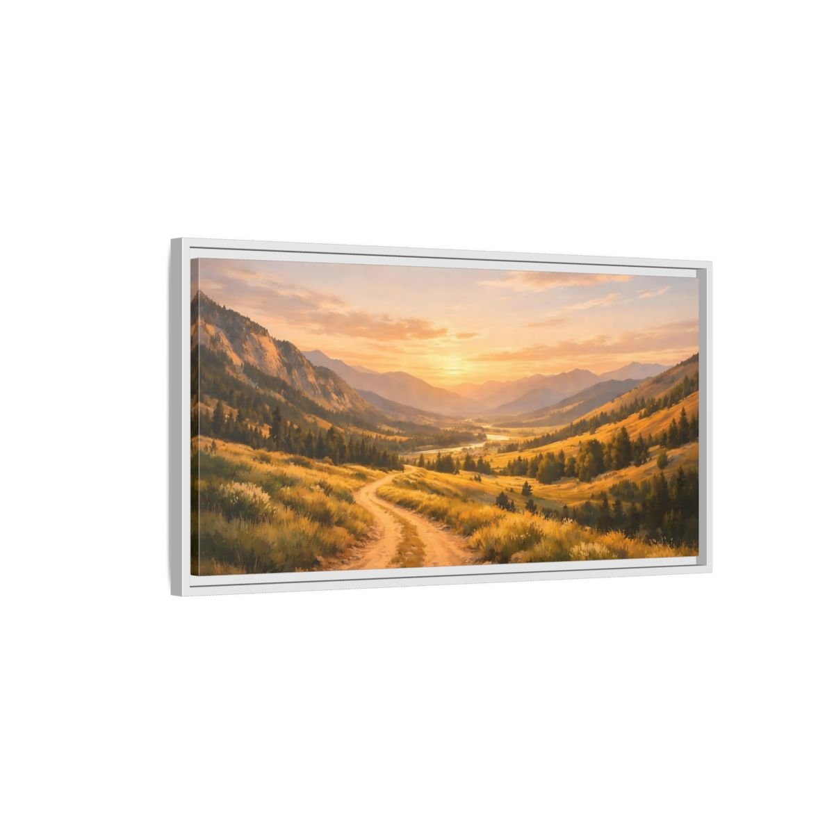Landscape Nature Mountain Valley Golden Sunset - Framed Canvas Wall Art Print - YesArtYes