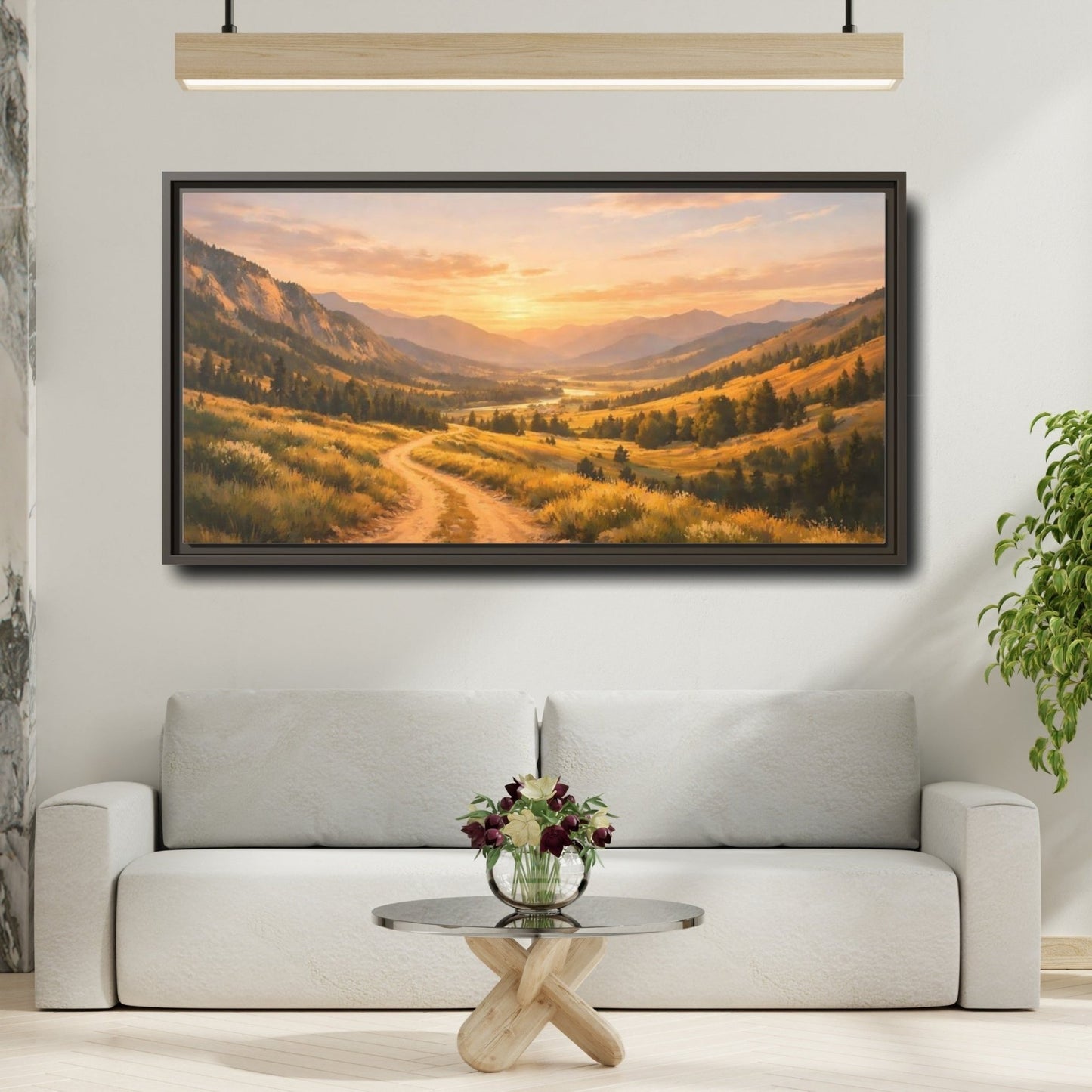 Landscape Nature Mountain Valley Golden Sunset - Framed Canvas Wall Art Print - YesArtYes