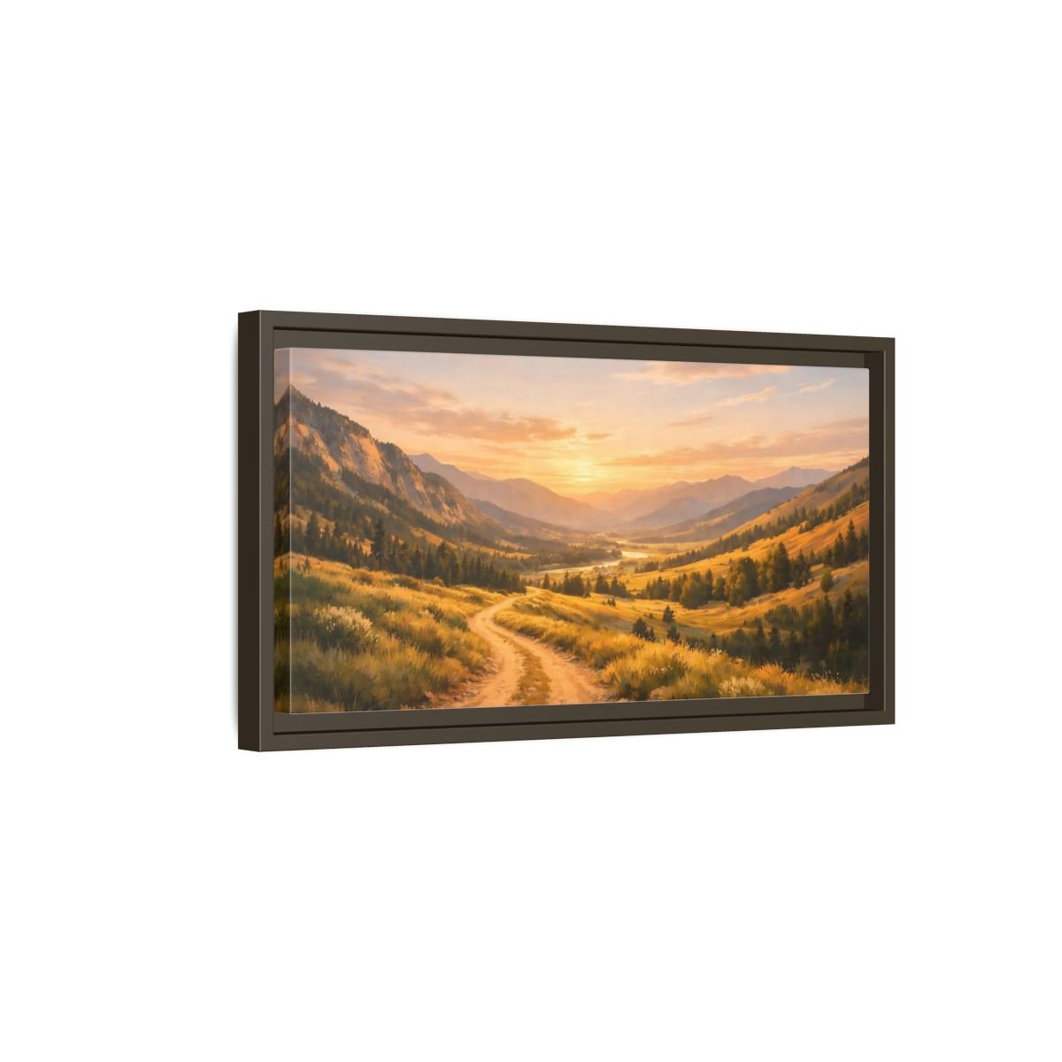 Landscape Nature Mountain Valley Golden Sunset - Framed Canvas Wall Art Print - YesArtYes