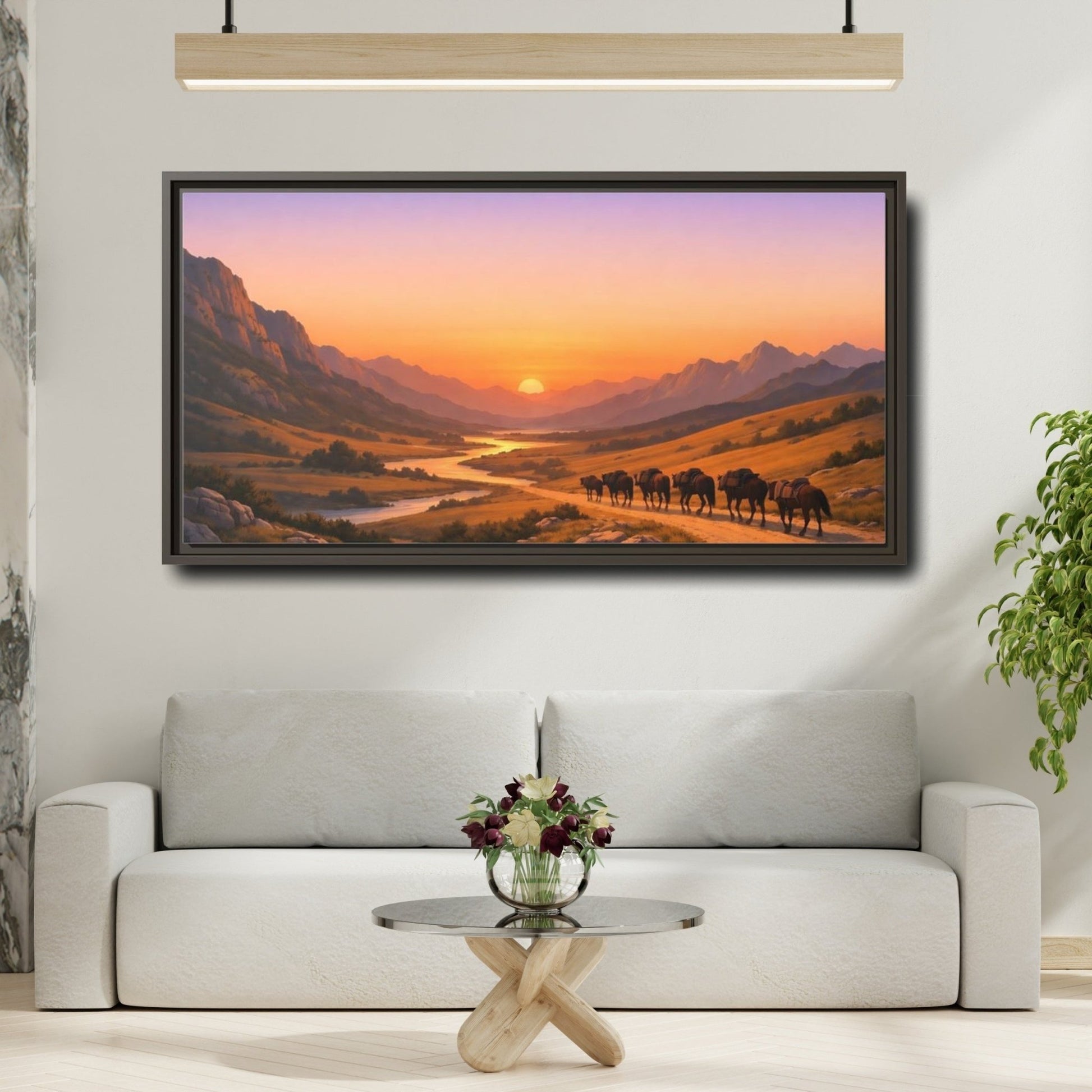 Landscape Nature Mountain Valley Golden Sunset - Framed Canvas Wall Art Print - YesArtYes