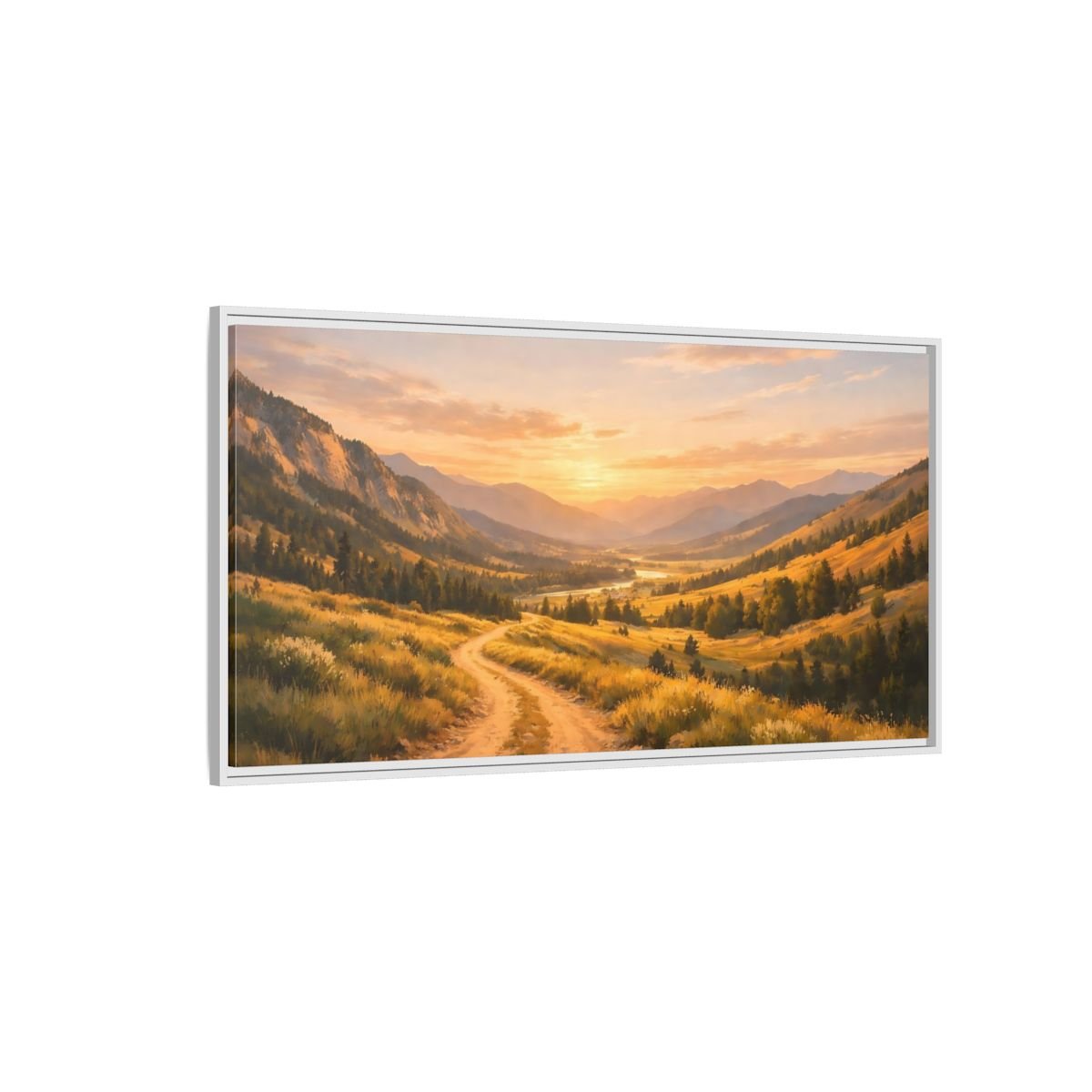 Landscape Nature Mountain Valley Golden Sunset - Framed Canvas Wall Art Print - YesArtYes