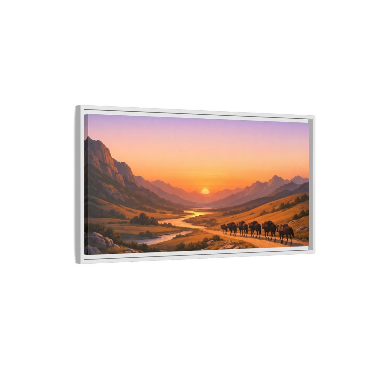 Landscape Nature Mountain Valley Golden Sunset - Framed Canvas Wall Art Print - YesArtYes