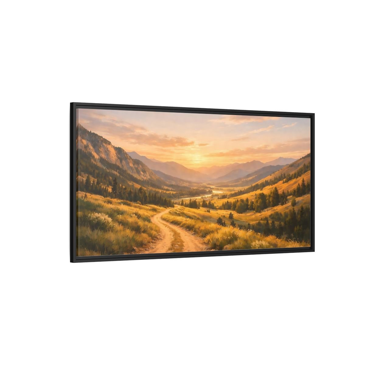 Landscape Nature Mountain Valley Golden Sunset - Framed Canvas Wall Art Print - YesArtYes