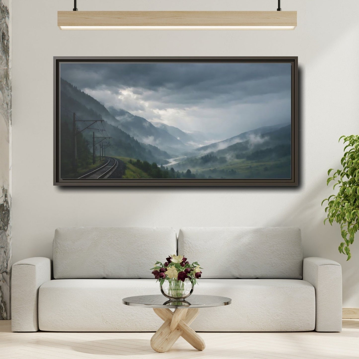 Landscape Nature Mountain Valley Green And - Framed Canvas Wall Art Print - YesArtYes