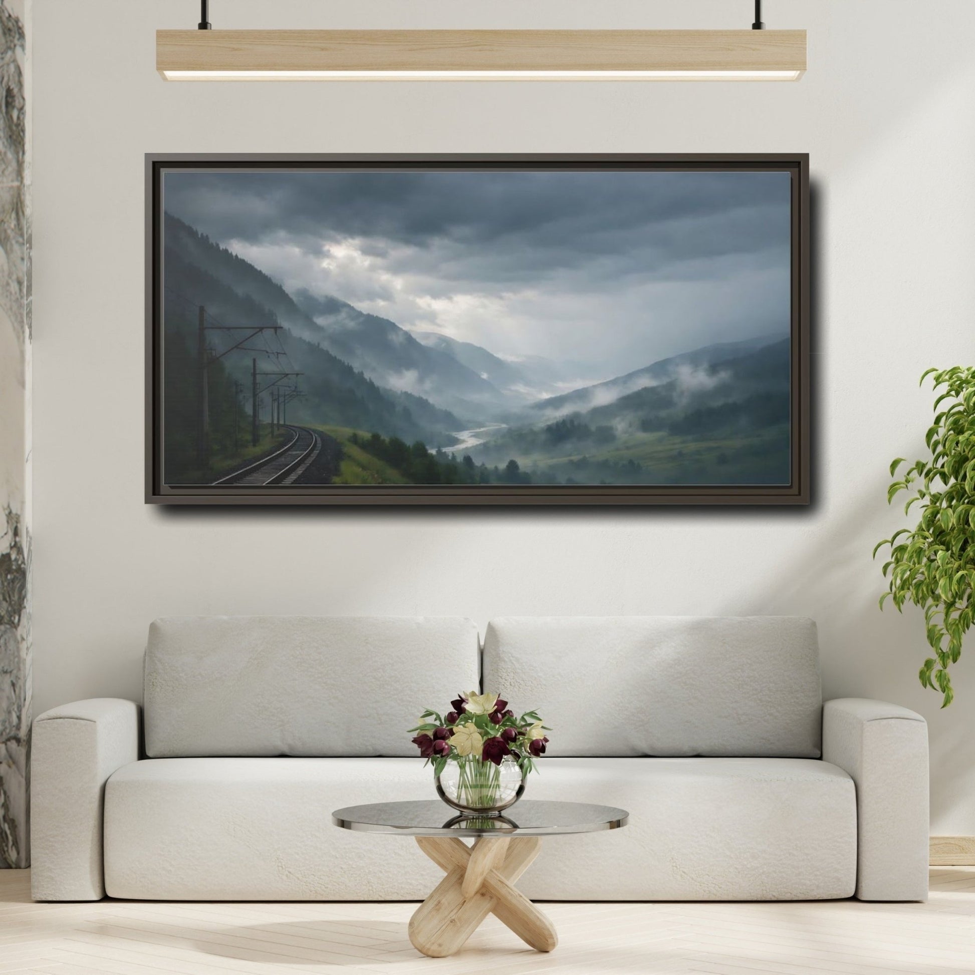 Landscape Nature Mountain Valley Green And - Framed Canvas Wall Art Print - YesArtYes