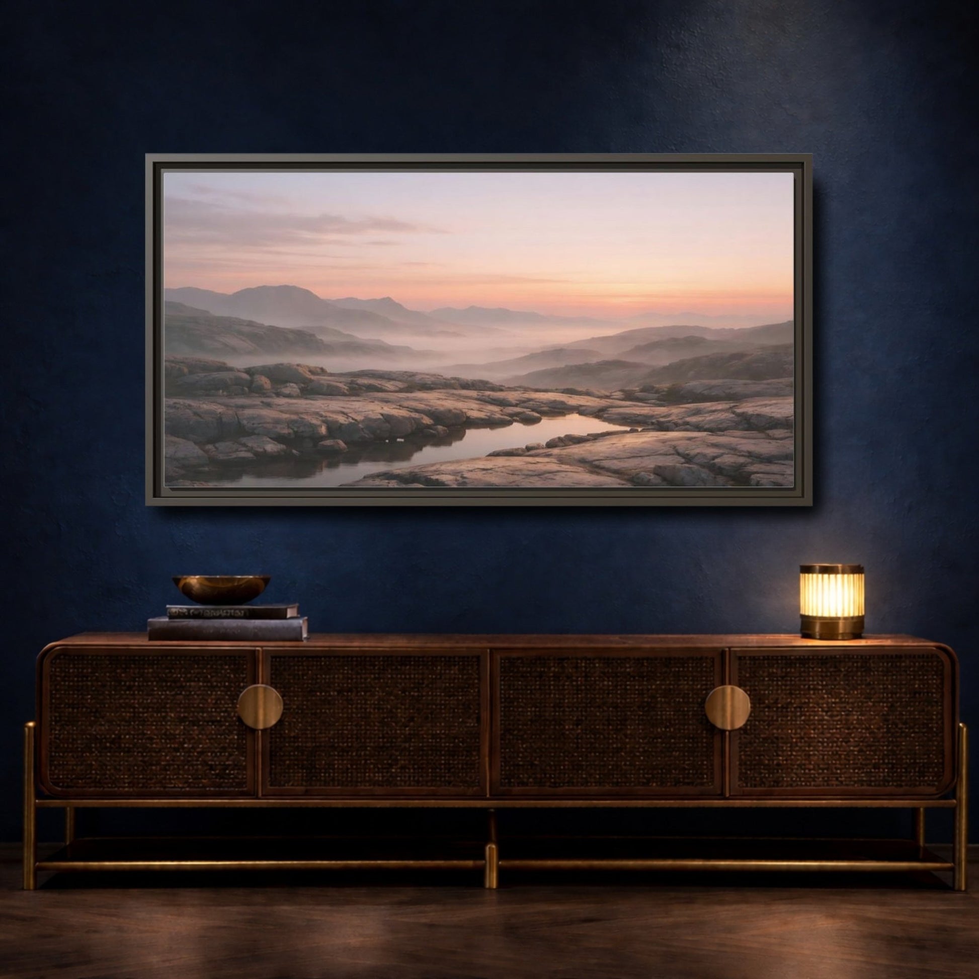 Landscape Nature Mountain Valley Misty Dawn - Framed Canvas Wall Art Print - YesArtYes