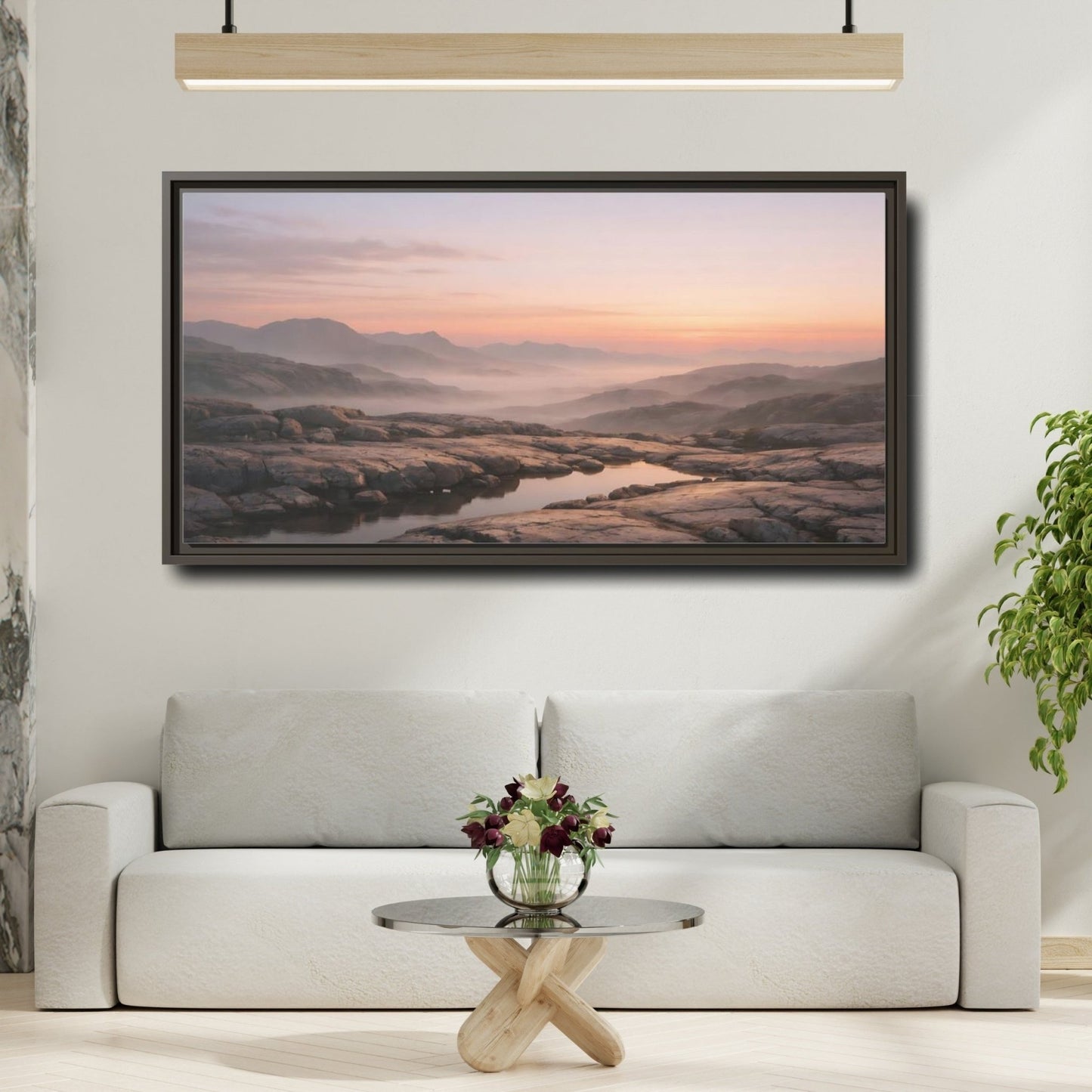 Landscape Nature Mountain Valley Misty Dawn - Framed Canvas Wall Art Print - YesArtYes