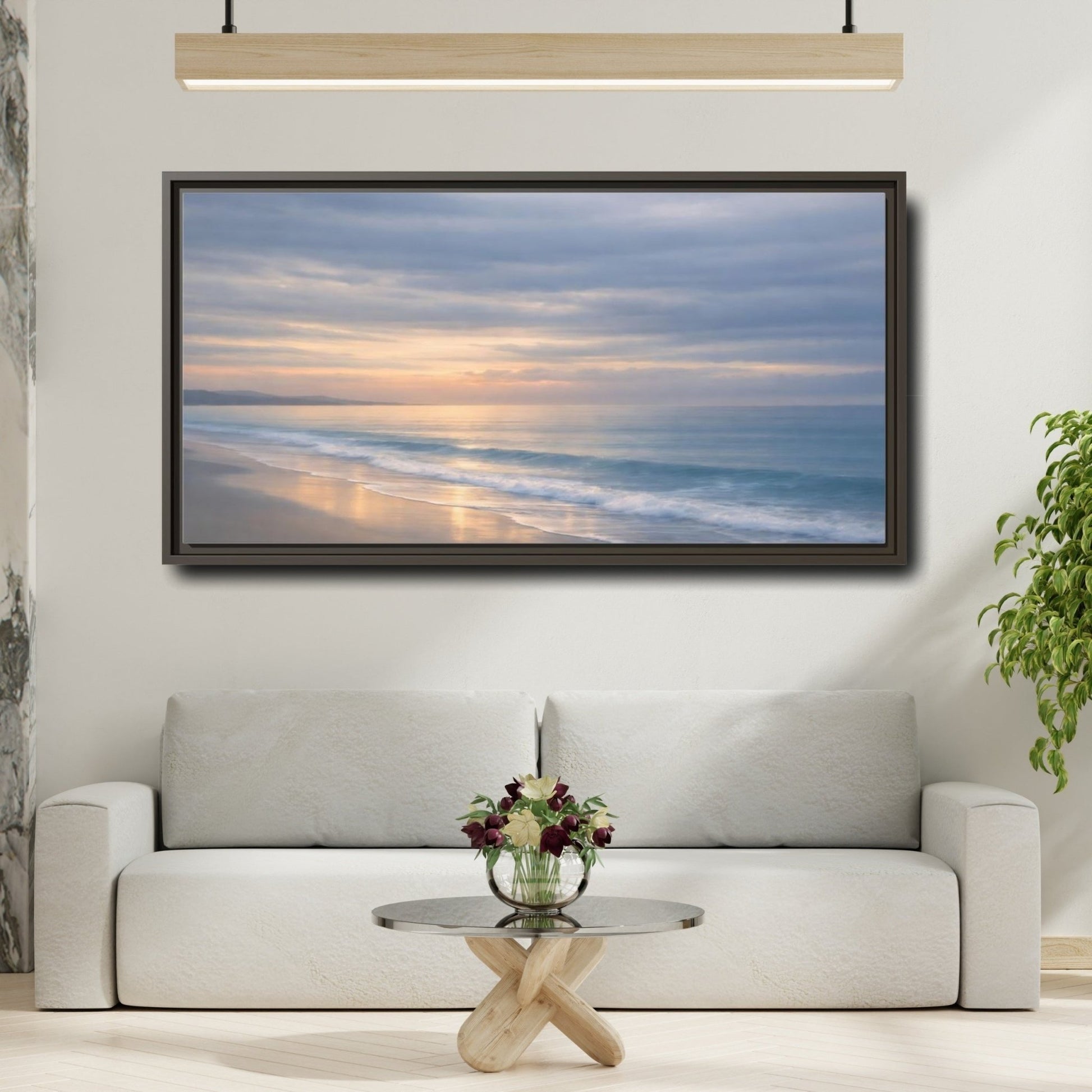 Landscape Nature Ocean Beach Pastel Sunset - Framed Canvas Wall Art Print - YesArtYes