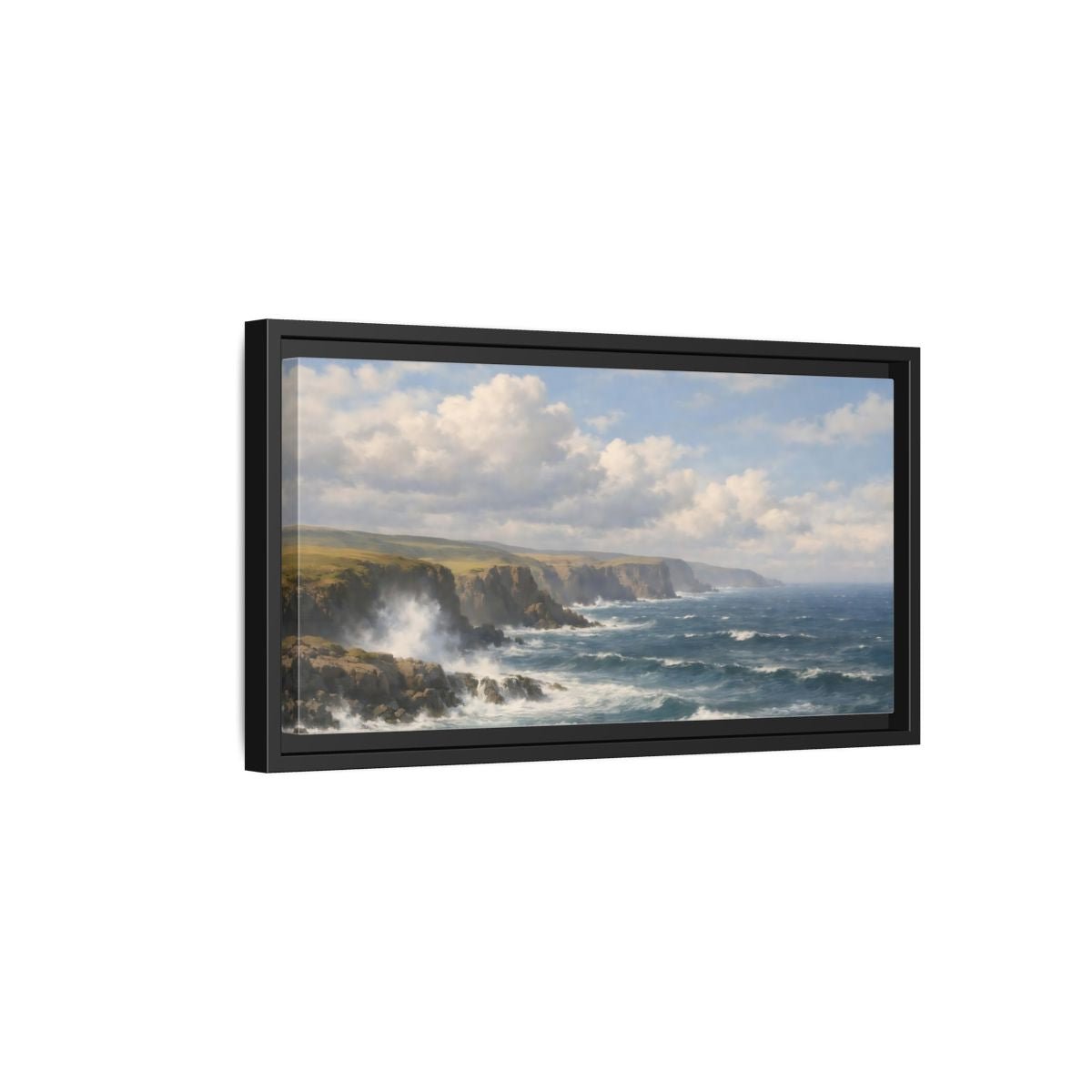 Landscape Nature Ocean Cliffs Blue And - Framed Canvas Wall Art Print - YesArtYes