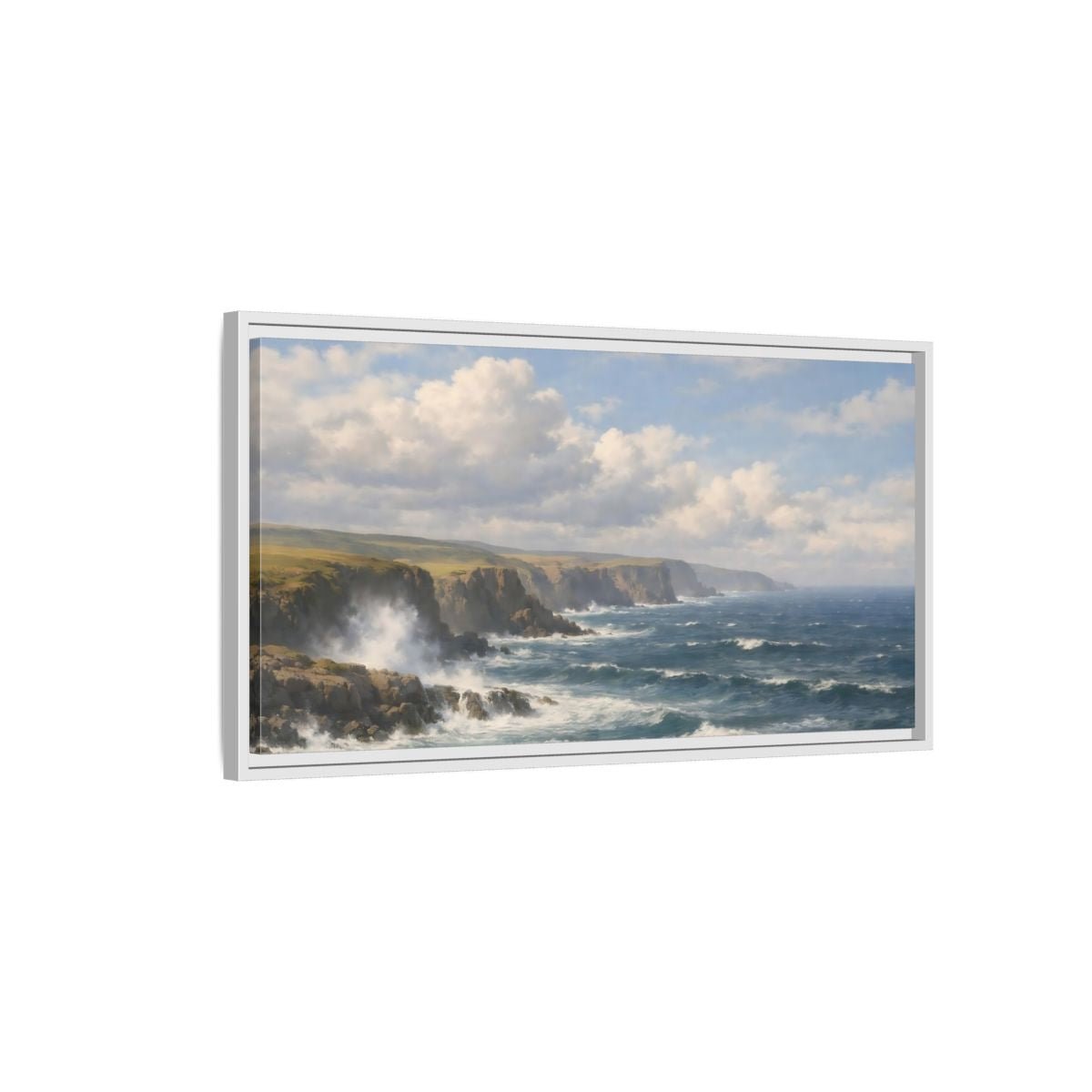 Landscape Nature Ocean Cliffs Blue And - Framed Canvas Wall Art Print - YesArtYes