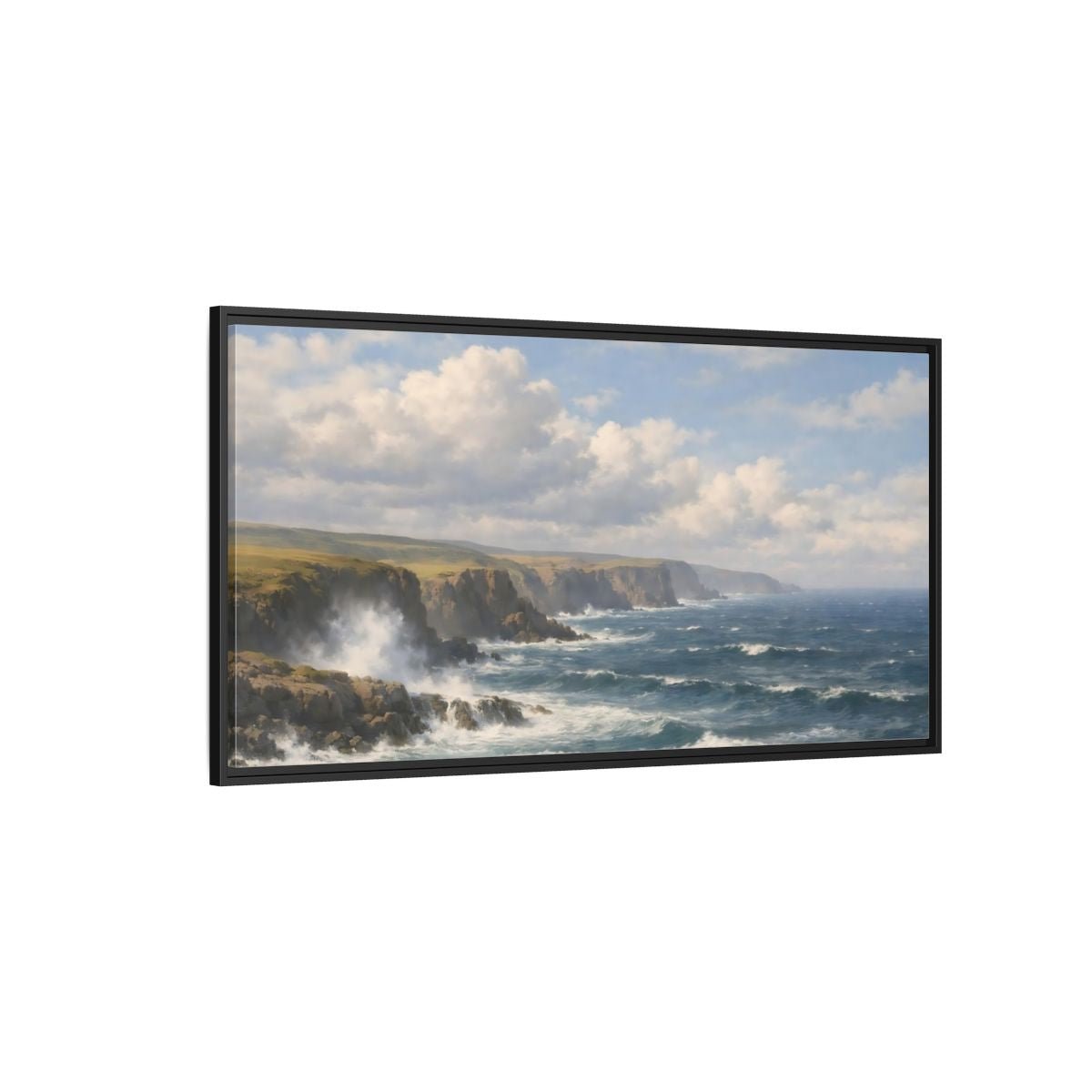 Landscape Nature Ocean Cliffs Blue And - Framed Canvas Wall Art Print - YesArtYes