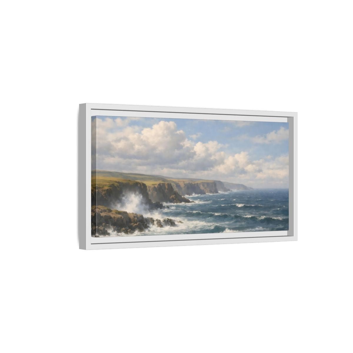 Landscape Nature Ocean Cliffs Blue And - Framed Canvas Wall Art Print - YesArtYes