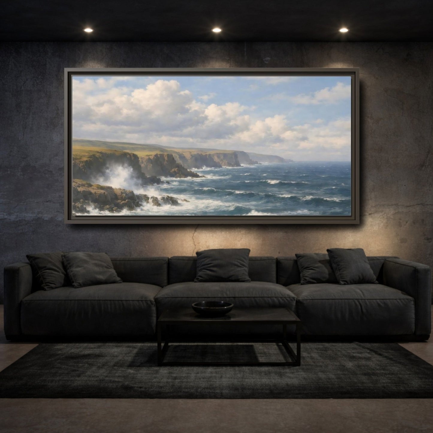 Landscape Nature Ocean Cliffs Blue And - Framed Canvas Wall Art Print - YesArtYes