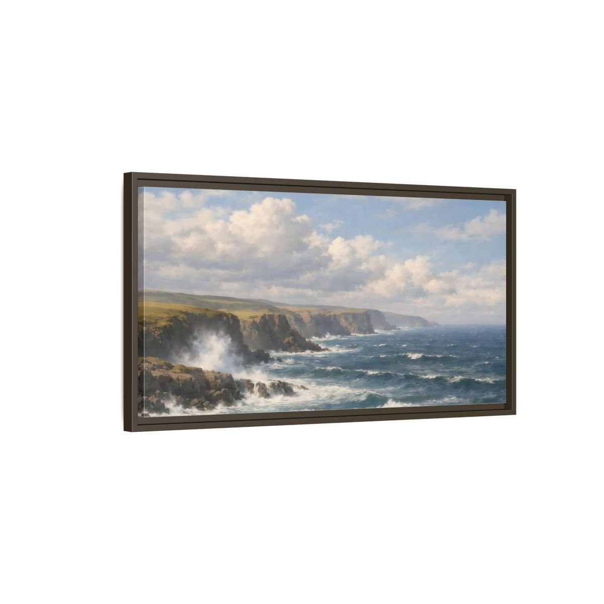 Landscape Nature Ocean Cliffs Blue And - Framed Canvas Wall Art Print - YesArtYes