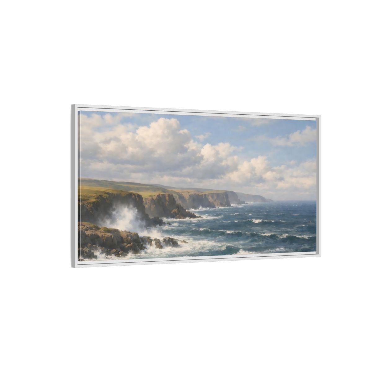 Landscape Nature Ocean Cliffs Blue And - Framed Canvas Wall Art Print - YesArtYes