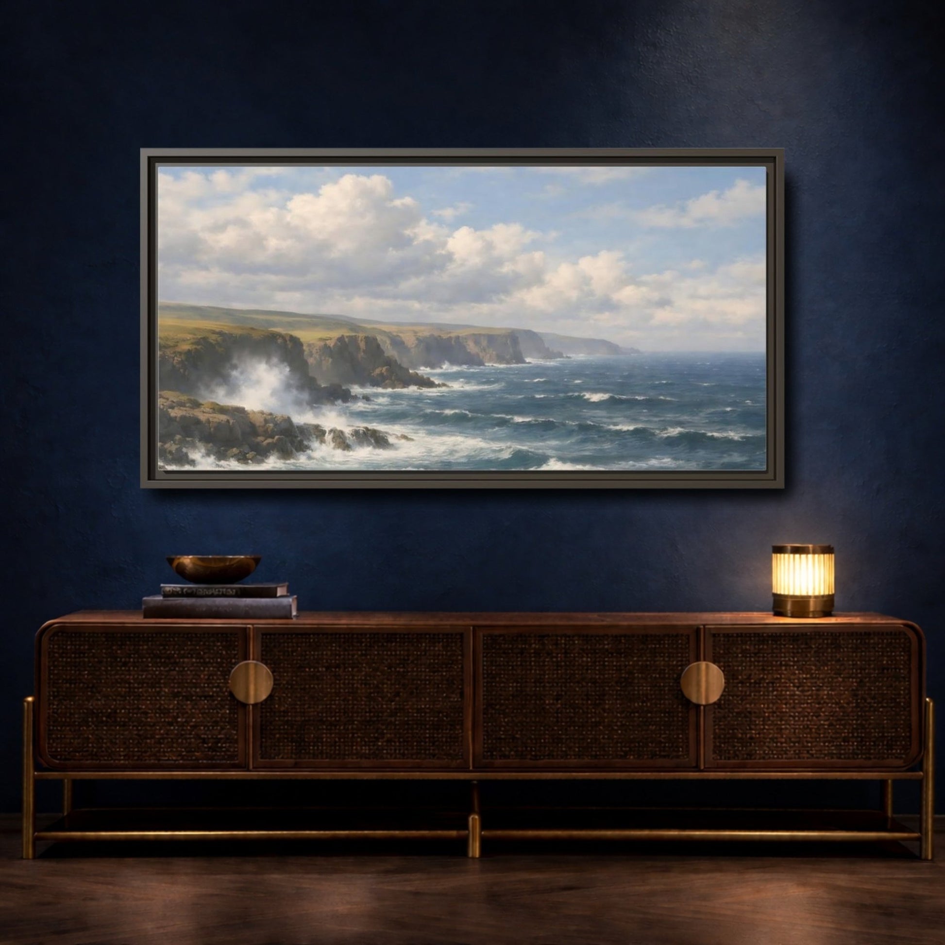 Landscape Nature Ocean Cliffs Blue And - Framed Canvas Wall Art Print - YesArtYes