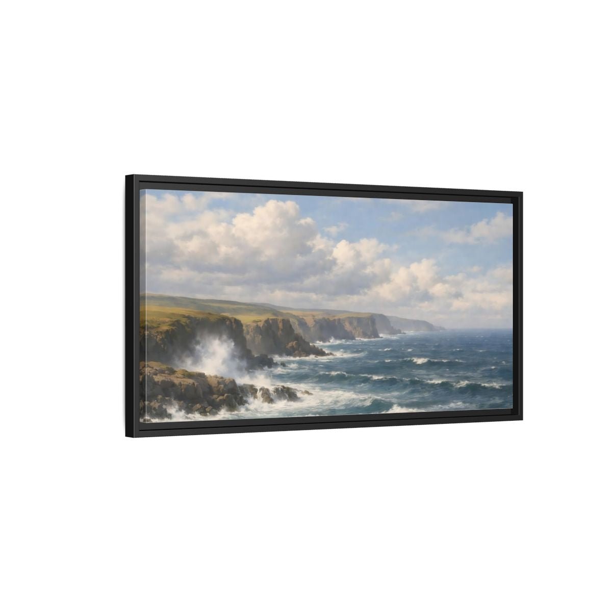 Landscape Nature Ocean Cliffs Blue And - Framed Canvas Wall Art Print - YesArtYes