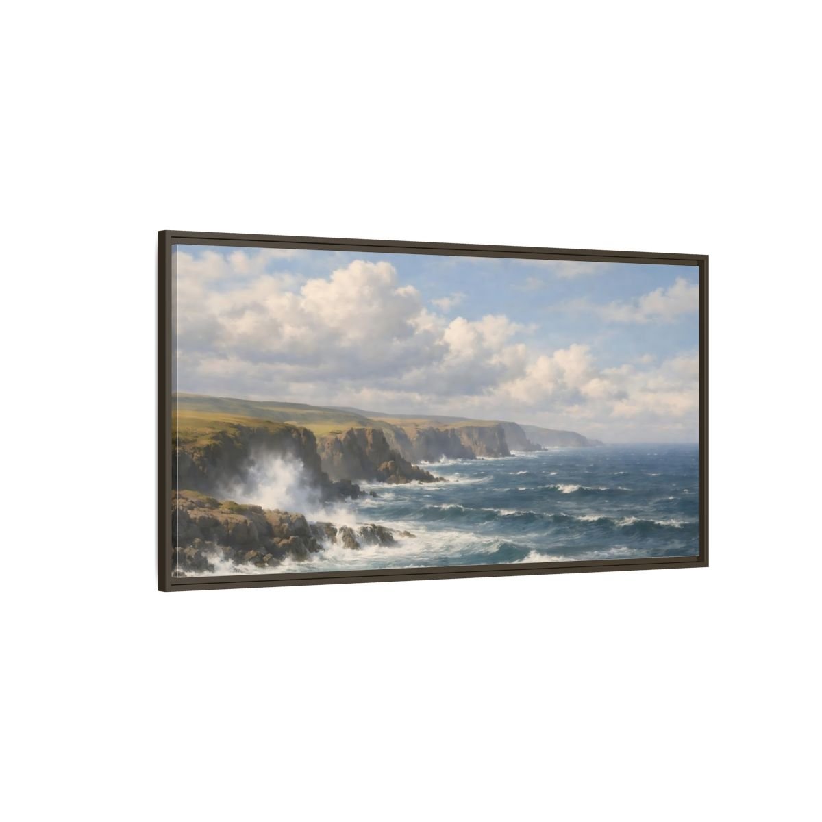Landscape Nature Ocean Cliffs Blue And - Framed Canvas Wall Art Print - YesArtYes