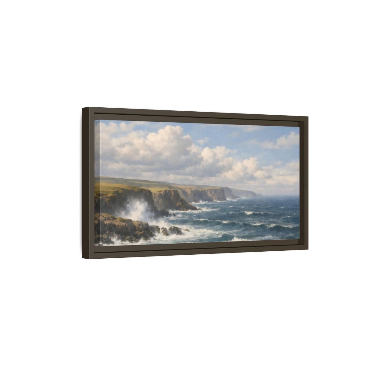 Landscape Nature Ocean Cliffs Blue And - Framed Canvas Wall Art Print - YesArtYes