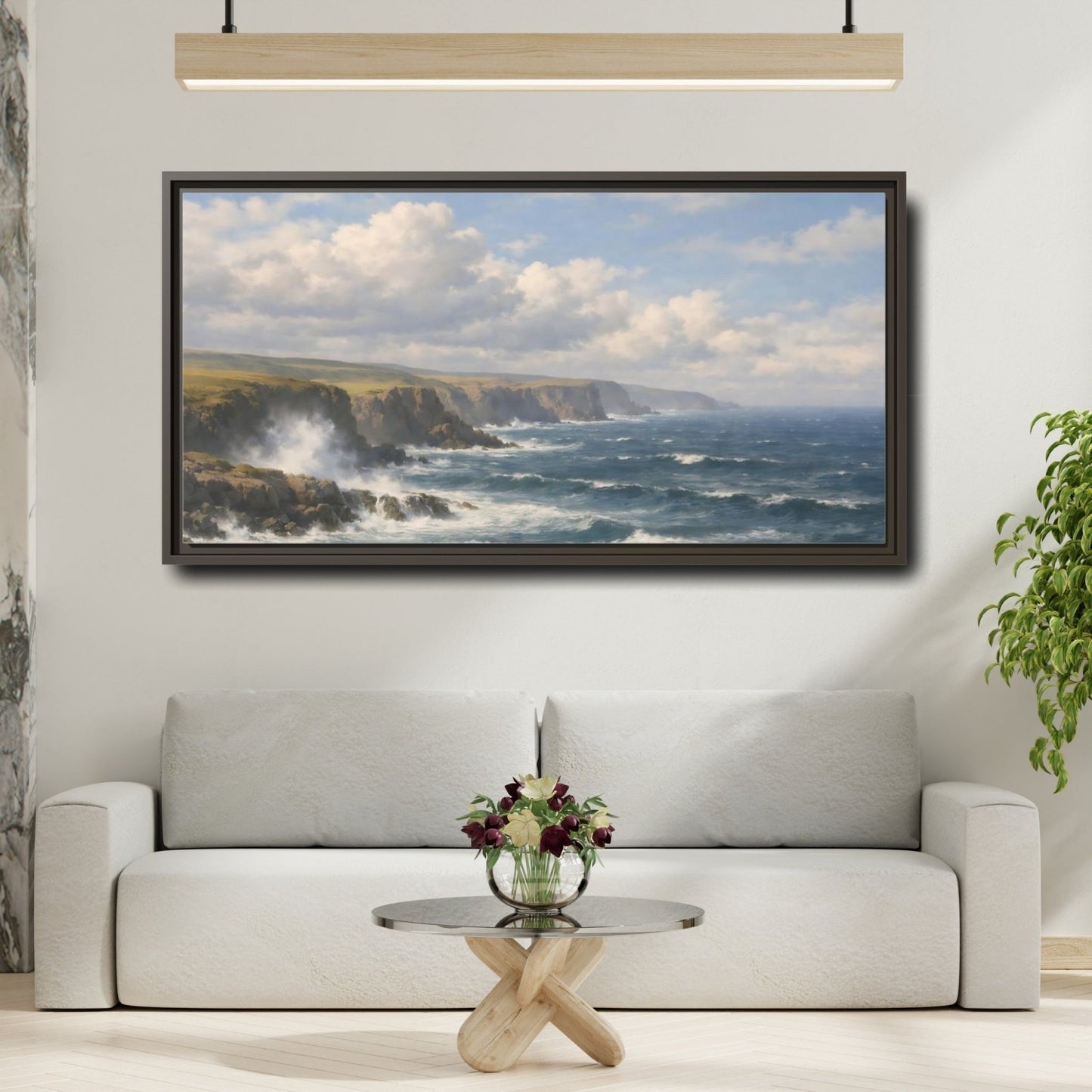 Landscape Nature Ocean Cliffs Blue And - Framed Canvas Wall Art Print - YesArtYes