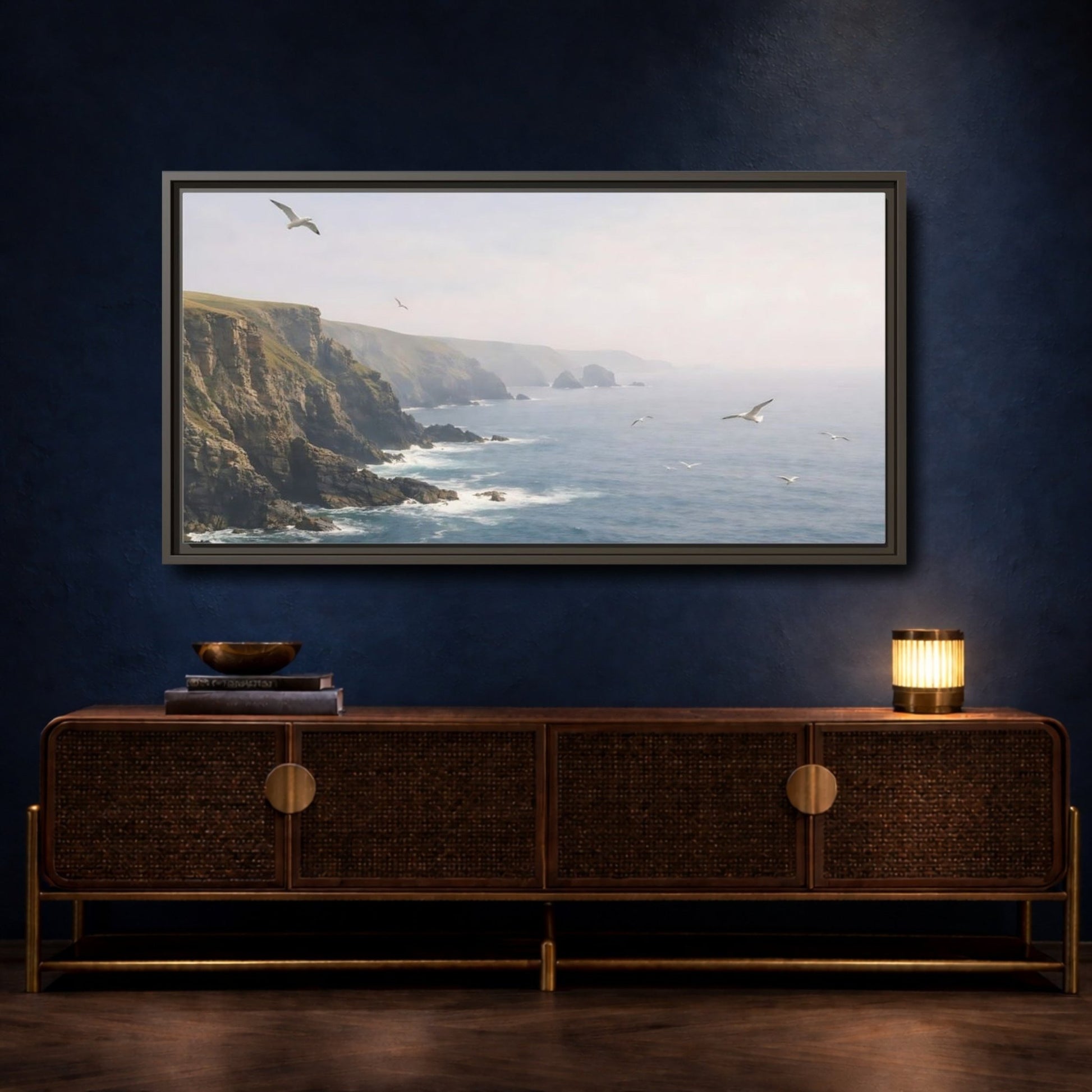 Landscape Nature Ocean Cliffs Blue - Framed Canvas Wall Art Print - YesArtYes