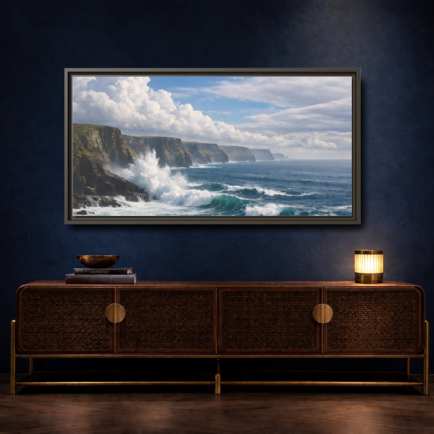 Landscape Nature Ocean Cliffs Blue - Framed Canvas Wall Art Print - YesArtYes