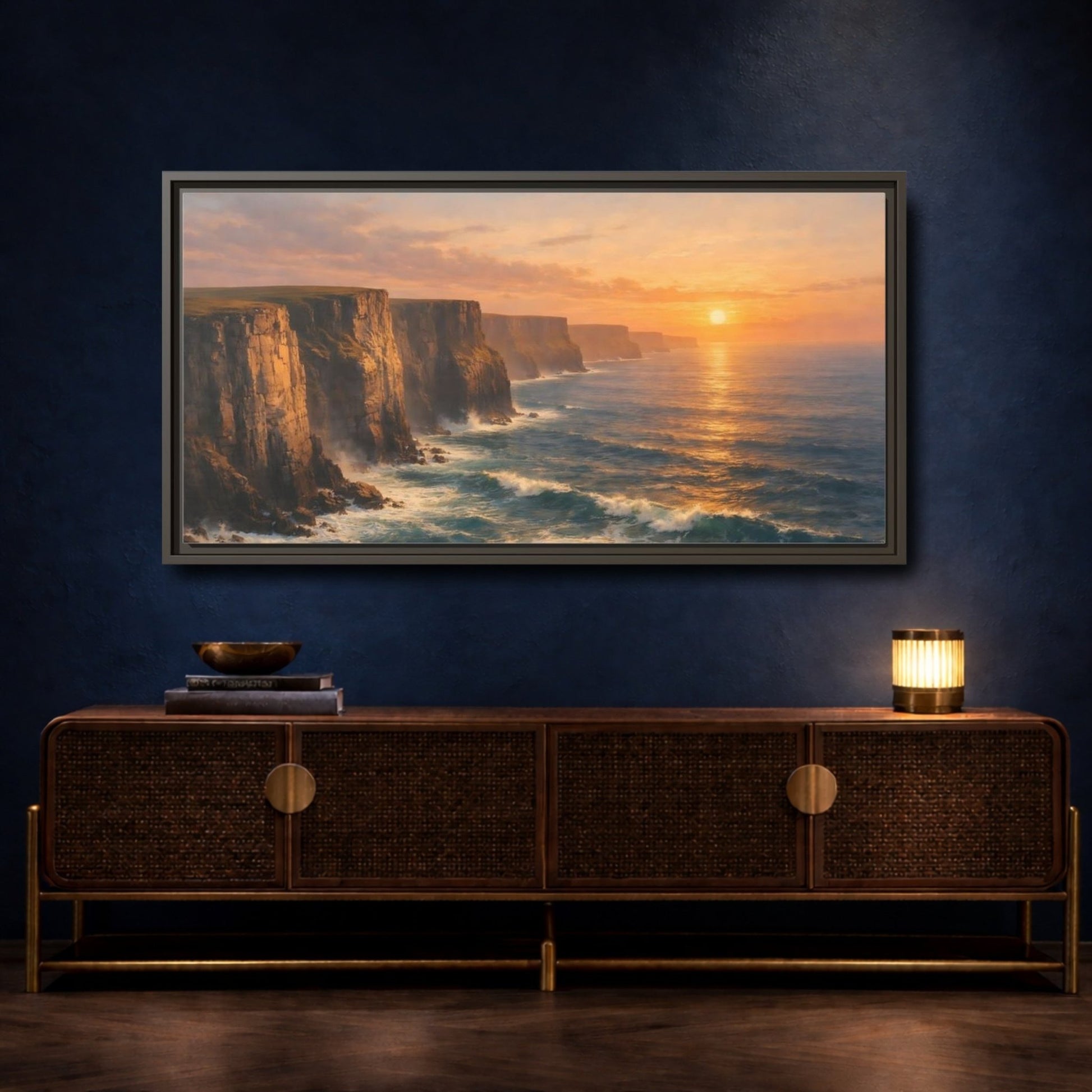 Landscape Nature Ocean Cliffs Orange And - Framed Canvas Wall Art Print - YesArtYes