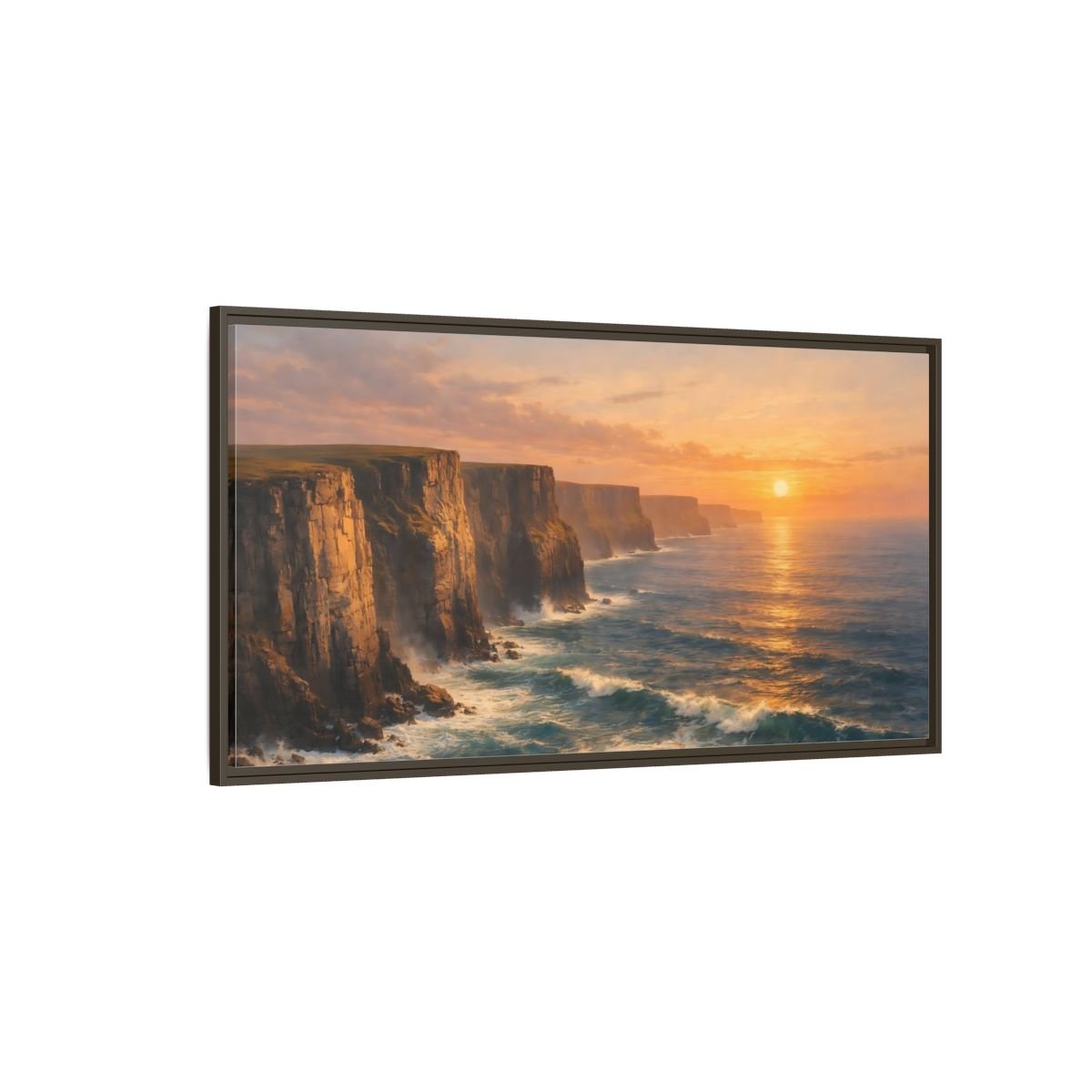 Landscape Nature Ocean Cliffs Orange And - Framed Canvas Wall Art Print - YesArtYes