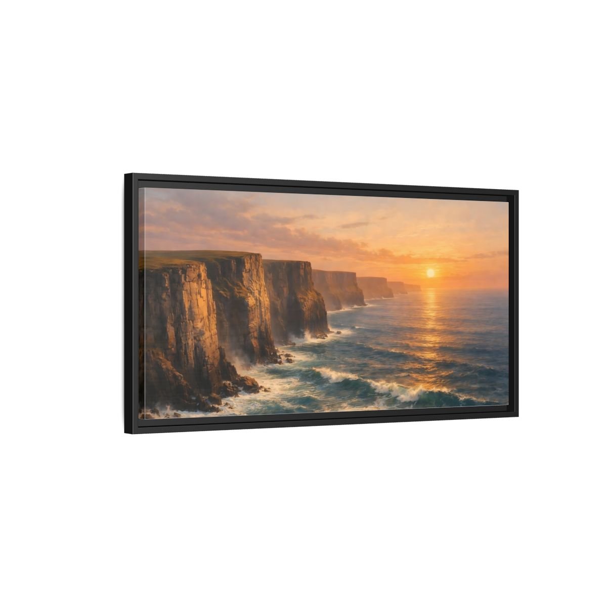 Landscape Nature Ocean Cliffs Orange And - Framed Canvas Wall Art Print - YesArtYes