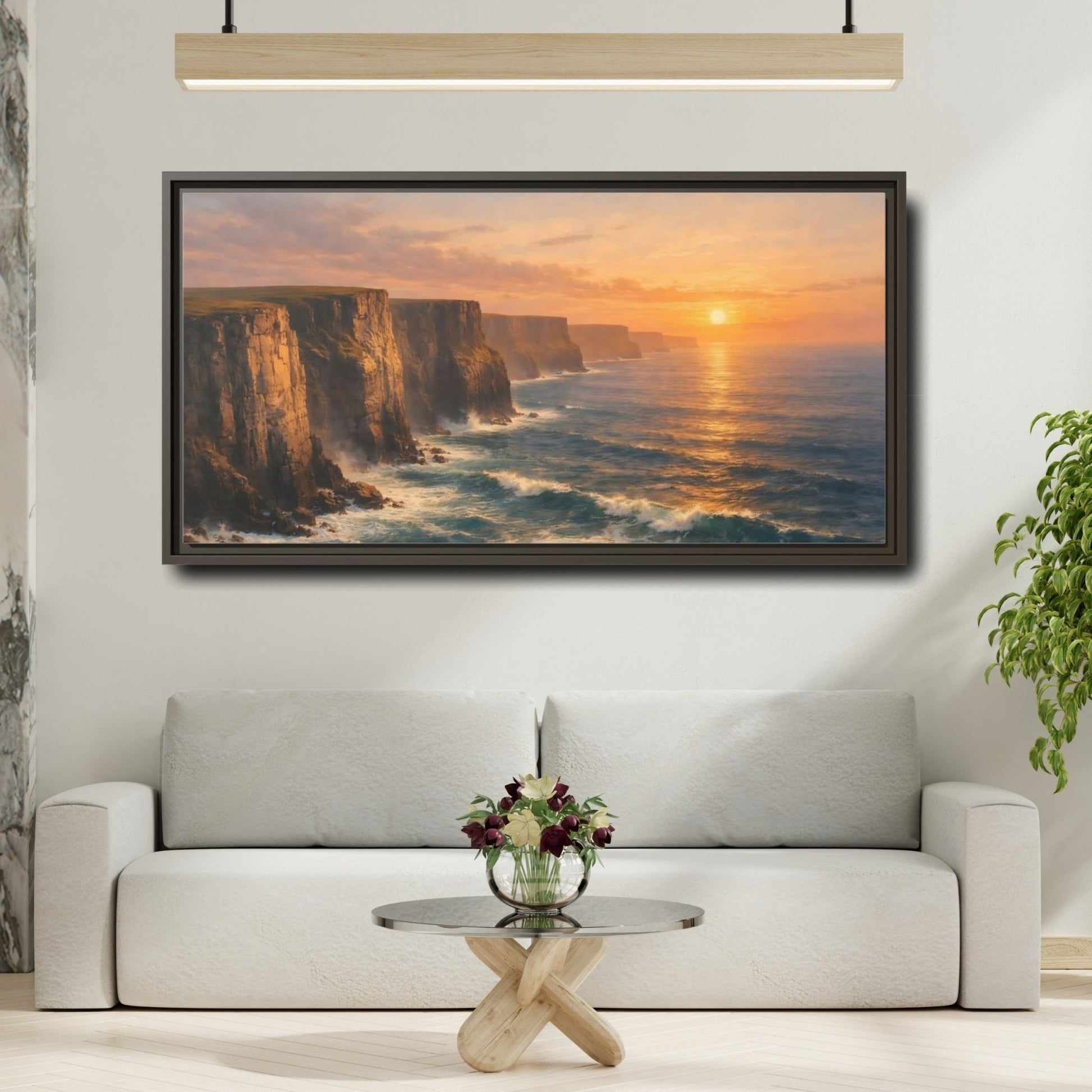 Landscape Nature Ocean Cliffs Orange And - Framed Canvas Wall Art Print - YesArtYes