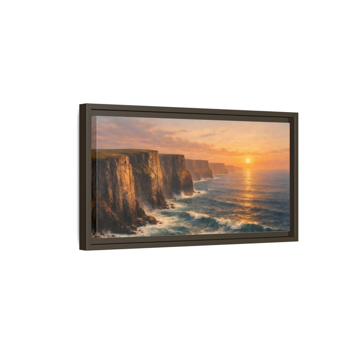 Landscape Nature Ocean Cliffs Orange And - Framed Canvas Wall Art Print - YesArtYes