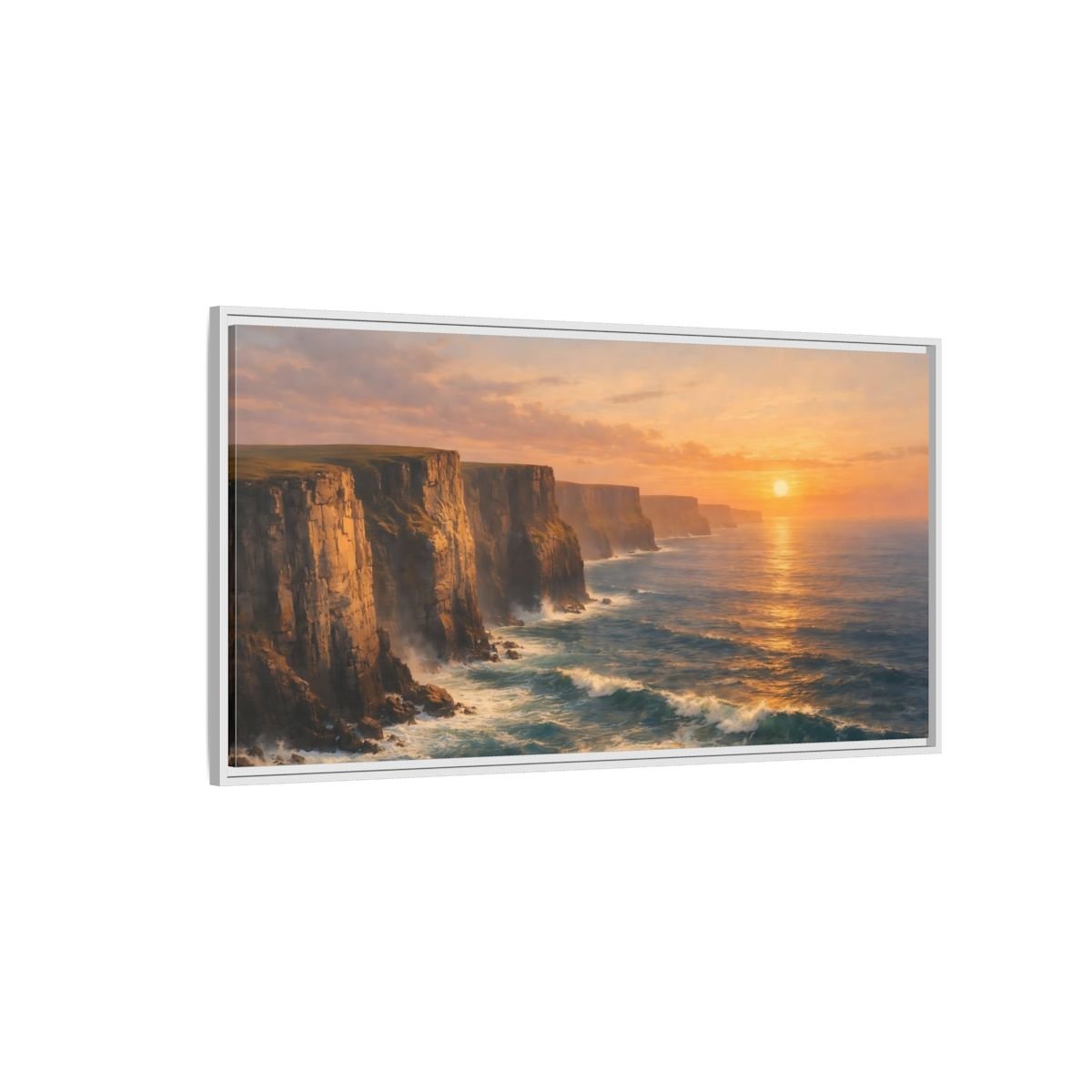 Landscape Nature Ocean Cliffs Orange And - Framed Canvas Wall Art Print - YesArtYes