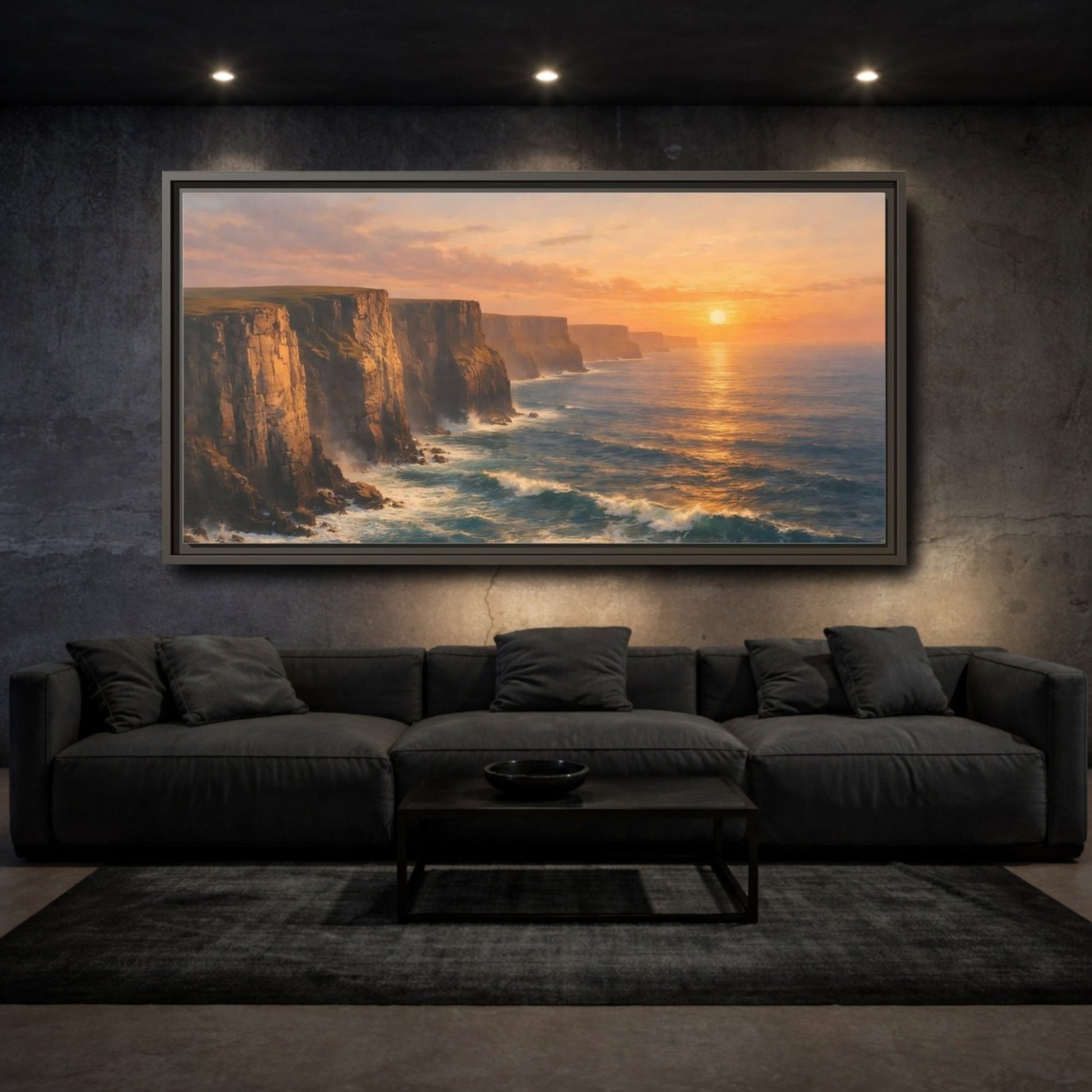 Landscape Nature Ocean Cliffs Orange And - Framed Canvas Wall Art Print - YesArtYes