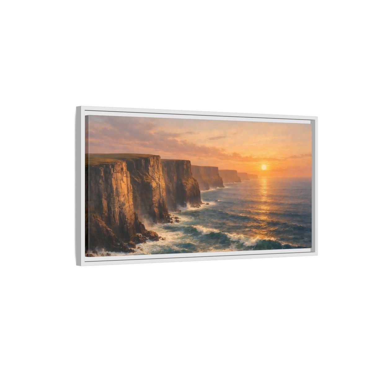 Landscape Nature Ocean Cliffs Orange And - Framed Canvas Wall Art Print - YesArtYes