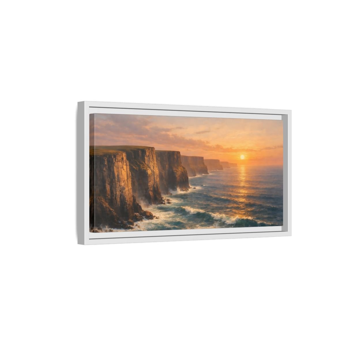 Landscape Nature Ocean Cliffs Orange And - Framed Canvas Wall Art Print - YesArtYes